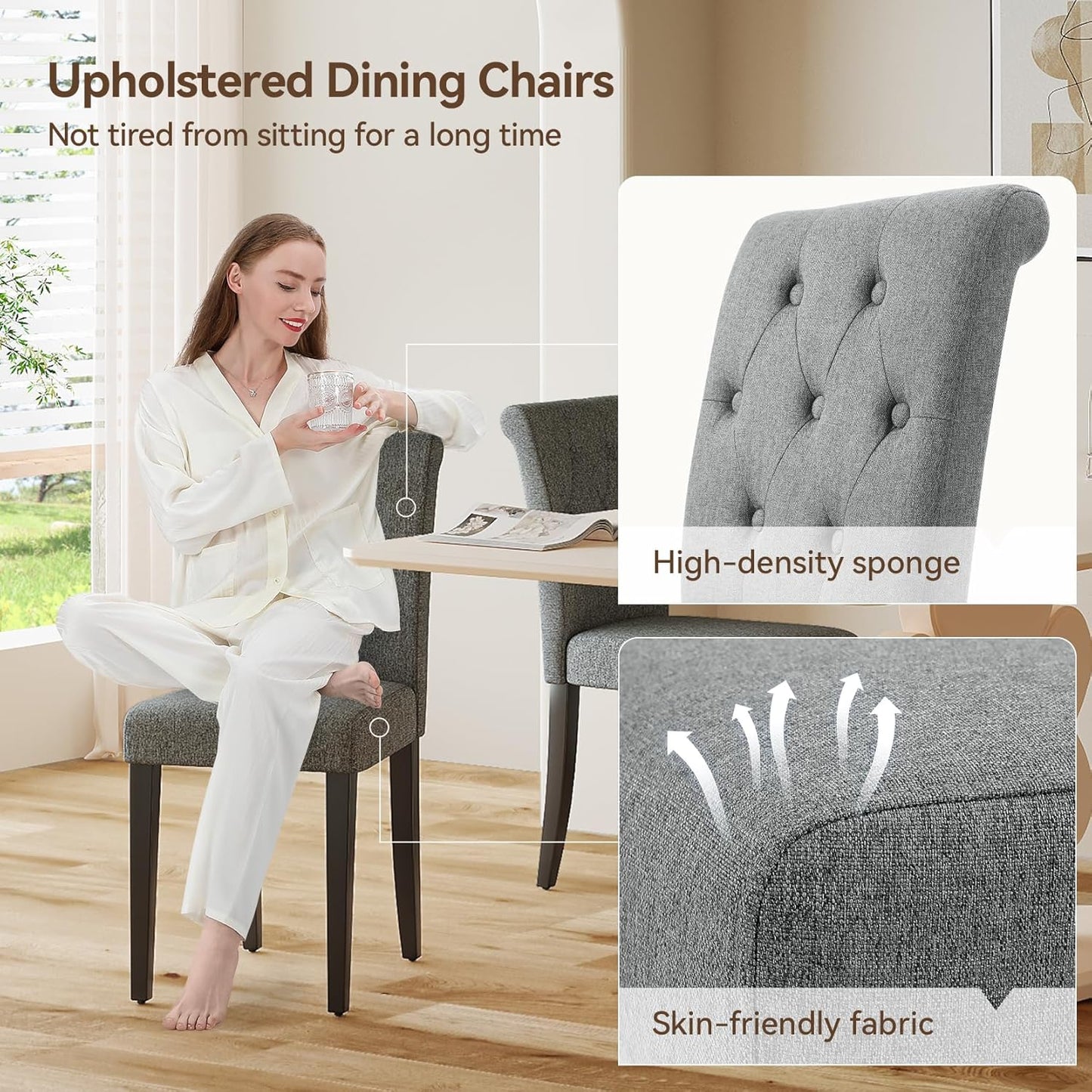 Upholstered Dining Chairs Set of 6, Button Tufted Parsons Dining Chair with Solid Wood Legs, Modern Fabric Side Chair for Dining Room/Kitchen/Restaurant/Hotel- Grey