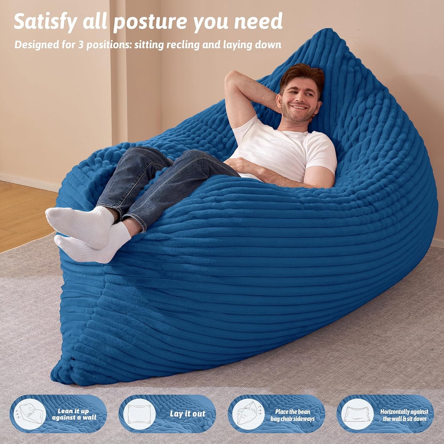 HABUTWAY 4-in-1 Bean Bag Chair, Convertible Chair with High-Density Memory Foam Filling & Machine Washable Cover, Giant Bean Bag Chair for Adults (Blue)