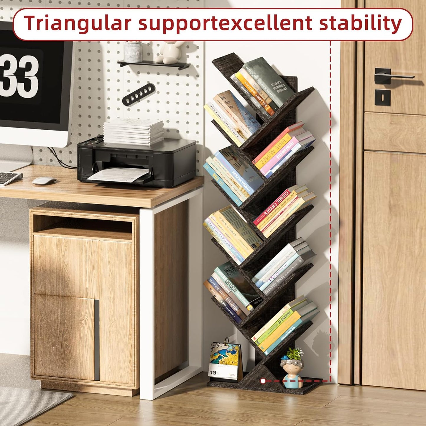 10 Tier Tree Book Shelf, Floor Standing Wood Bookshelf for Narrow Space, Storage Organizer Bookshelves for Books/CDs/Magazine, Bookcase with Shelves for Home Office, Living Room - Dark Grey