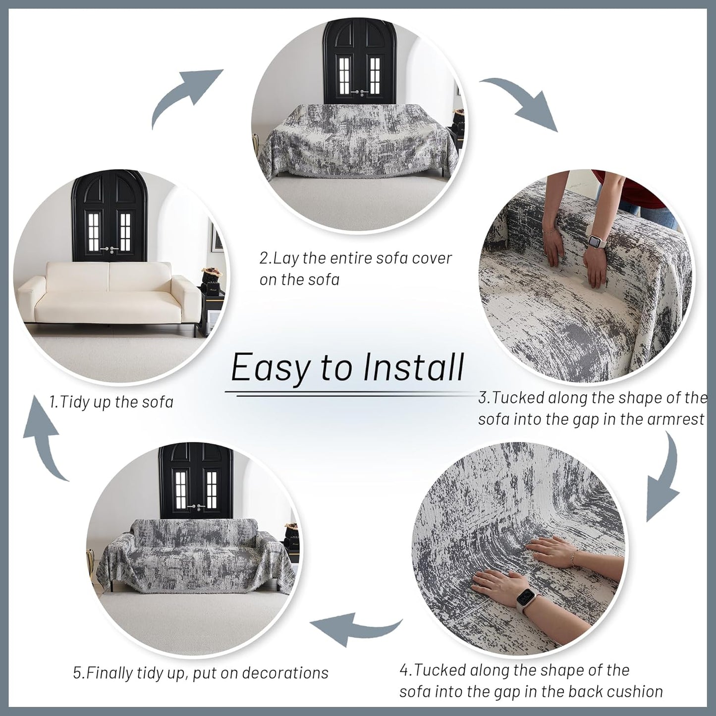 MYSKY HOME Sectional Couch Cover Deep Grey Abstract Geometric Sofa Covers for Sectional Sofa L Shape Chenille Couch Protector for Dogs Pets Couch Throw Cover Washable Durable for Home Decor, 91" X134"