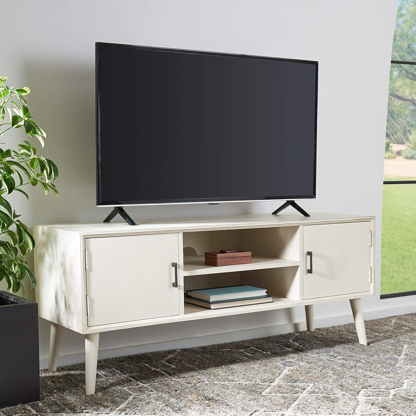 SAFAVIEH Sorrel TV Stand for up to 55" Flatscreen – Distressed White, 2 Doors with Interior Storage, 2 Open Shelves, Entertainment Media Console (MED5701A)