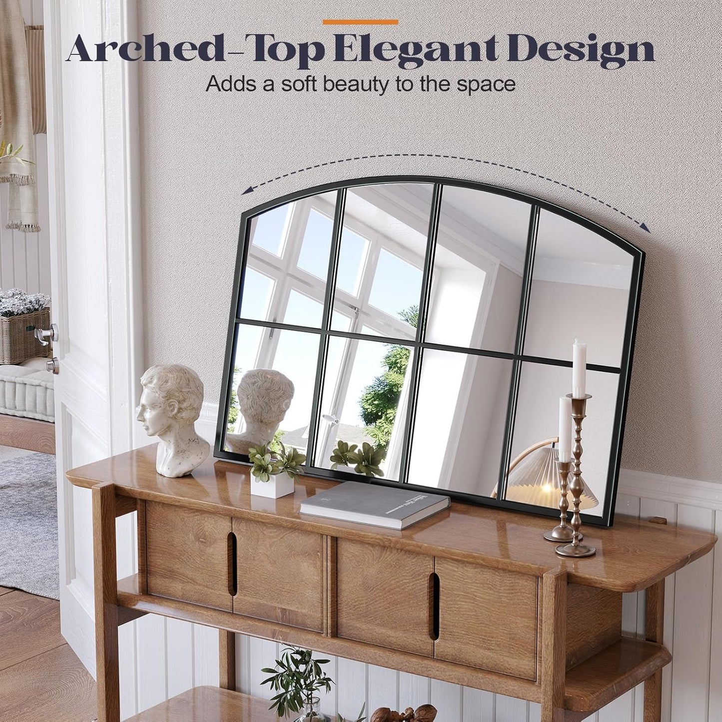 Window Pane Black Mirror, 36" x 24" Farmhouse Arched Window Mirror, Large Grid Mirror for Living Room Bedroom Fireplace Hallway Entryway