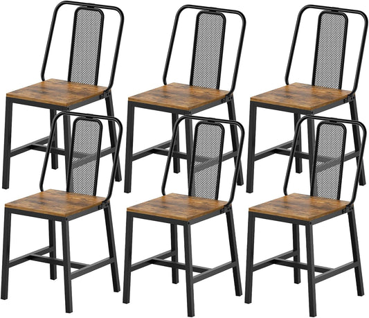 Dining Chairs Set of 6, Wooden Kitchen Chairs, Farmhouse Dining Chairs with Back Support, for Living Room, Kitchen, Rustic Brown and Black CY01L6BR