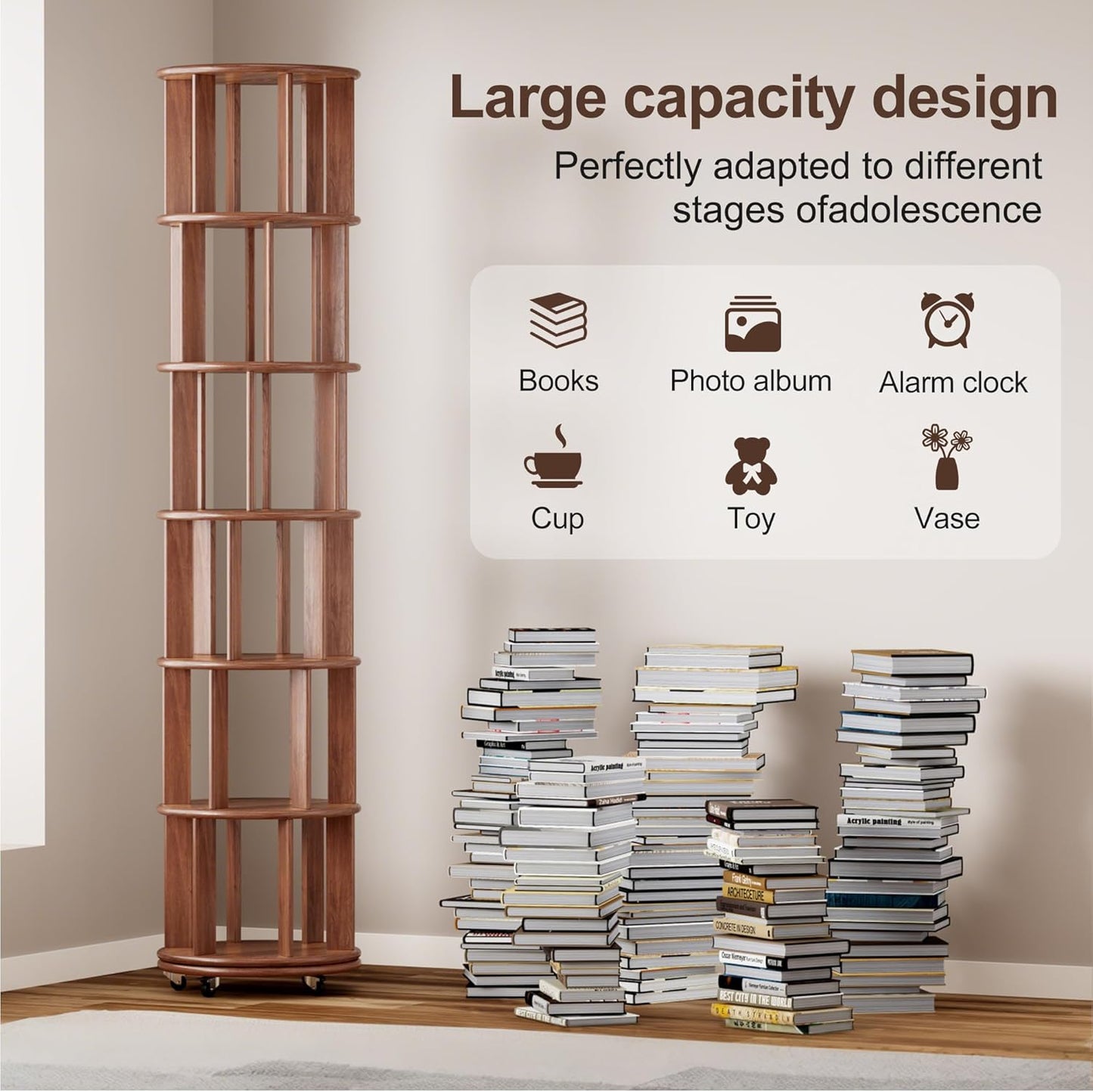KEIKI 360° Spinning Revolving Bookcase, Solid Wood 6 Tier Rotating Bookshelf with Storage, Narrow Tall Book Rack & Art Deco Bookshelf Organizer, Walnut