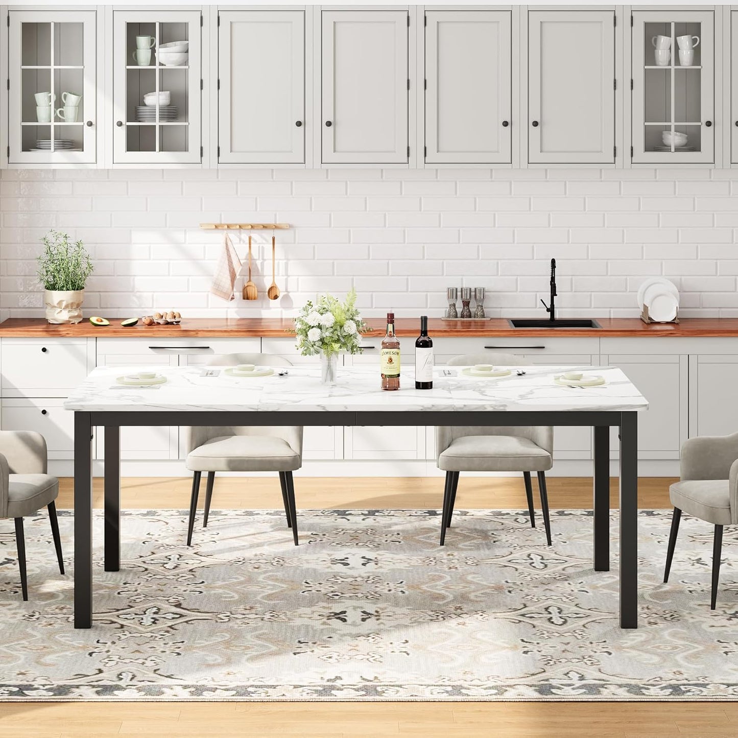 GarveeHome 78.7in Industrial Dining Table for 6, Wooden Long Dinner Table with Mortise Tenon Design, Kitchen Table with Sturdy Metal Legs, for Dining Room Home Office Living Room, White