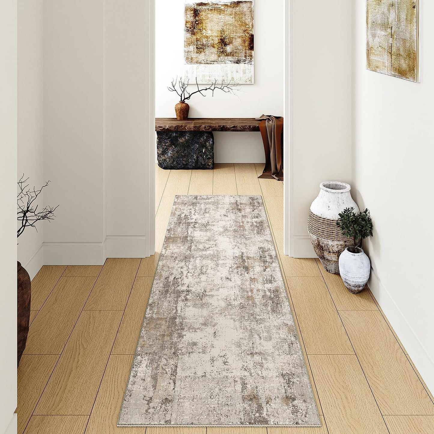 2x10 Washable Runner Rug Brown Grey Neutral Abstract Hallway Kitchen Living Room Bedroom Non Slip Throw Rug Soft Low Pile Indoor Carpet for Entrance Laundry Bathroom