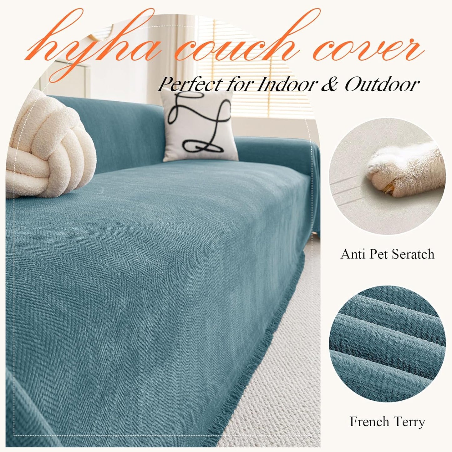 hyha Couch Cover for Dogs, Boho Sofa Covers for 3 Cushion Couch Washable, Chenille Sofa Slipcover for Pets, Soft Loveseat Sectional Couch Throw Blankets with Tassels (Blue, 88.5x150 Inch)