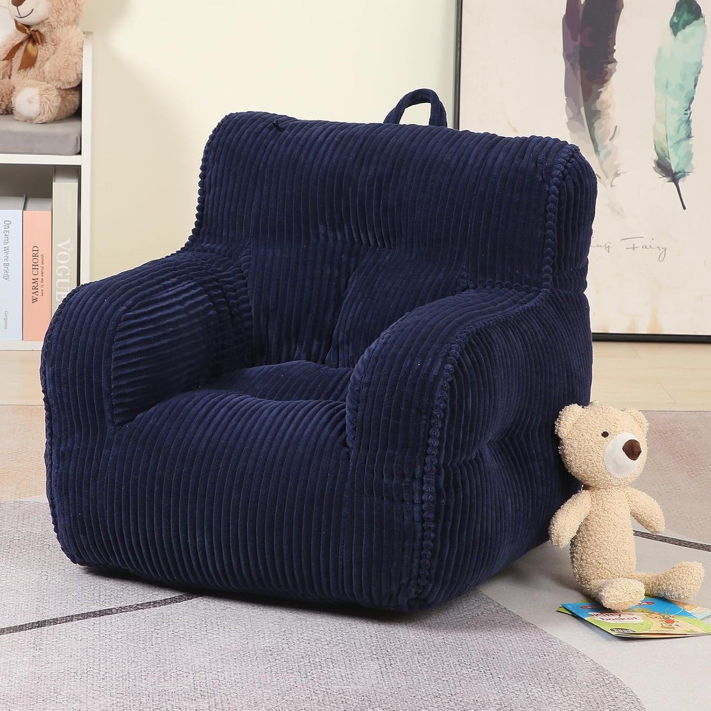 Kids Bean Bag Chair with a Plush Bear, Comfy Toddler Chair for Boys and Girls, Dark Blue