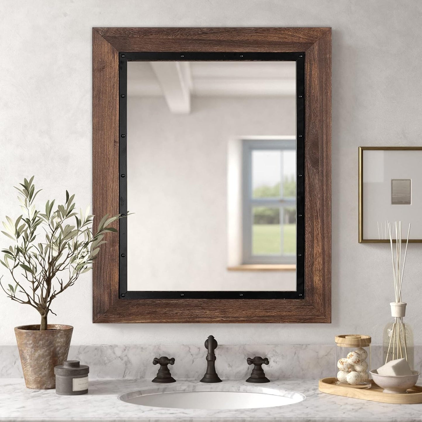 YOSHOOT Rustic Wooden Framed Wall Mirror, 40"x26", Natural Wood and Iron Bathroom Vanity Mirror for Farmhouse Decor, Vertical or Horizontal Hanging