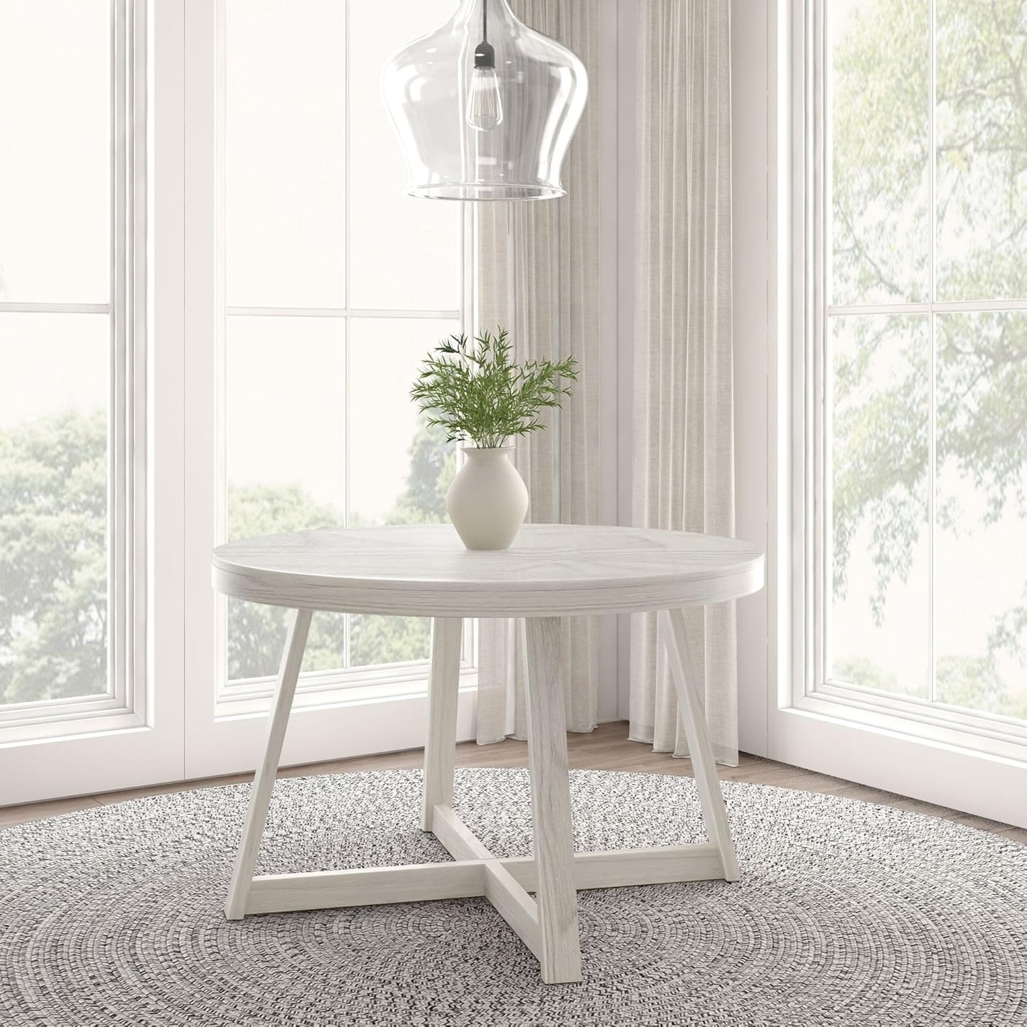 Plank+Beam Round Dining Table, 47 Inch Solid Wood Kitchen Table, Farmhouse Round Table for 4, Small Dinette Table, White Sand Wirebrush