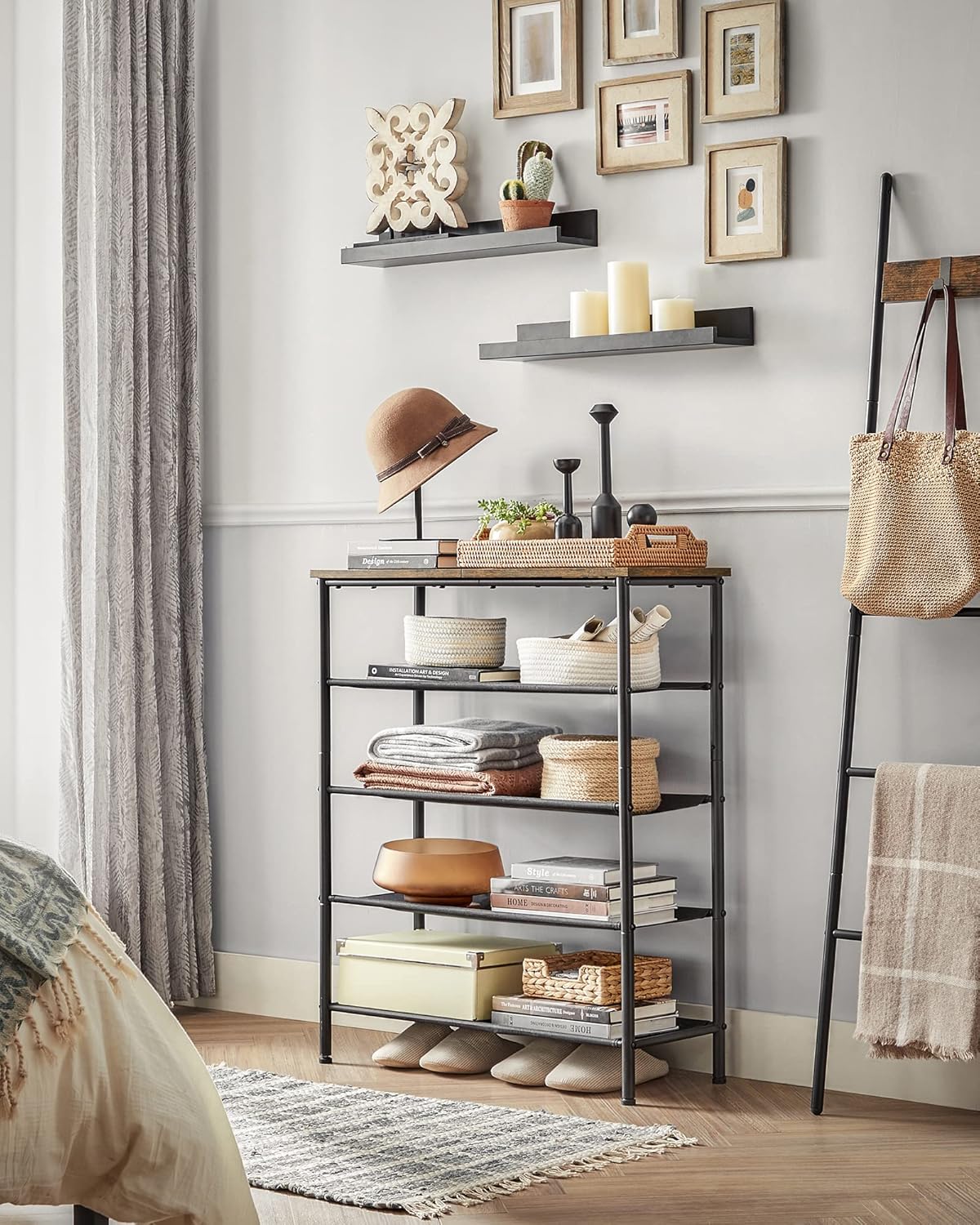 VASAGLE Shoe Rack, 5-Tier Shoe Storage Organizer for Entryway and Closet, Holds 12-16 Pairs of Shoes, 4 Fabric Shelves, Steel Frame, Industrial, Rustic Brown and Black ULBS036B01