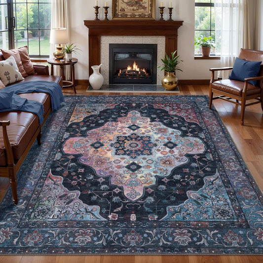 Tangsoo 8x10 Area Rug for Living Room, Washable Vintage Rug Indoor Non Slip Large Area Rugs, Print Distressed Navy/Multi Carpet, Soft Low Pile Rug Foldable for Bedroom Dining Room Dorm