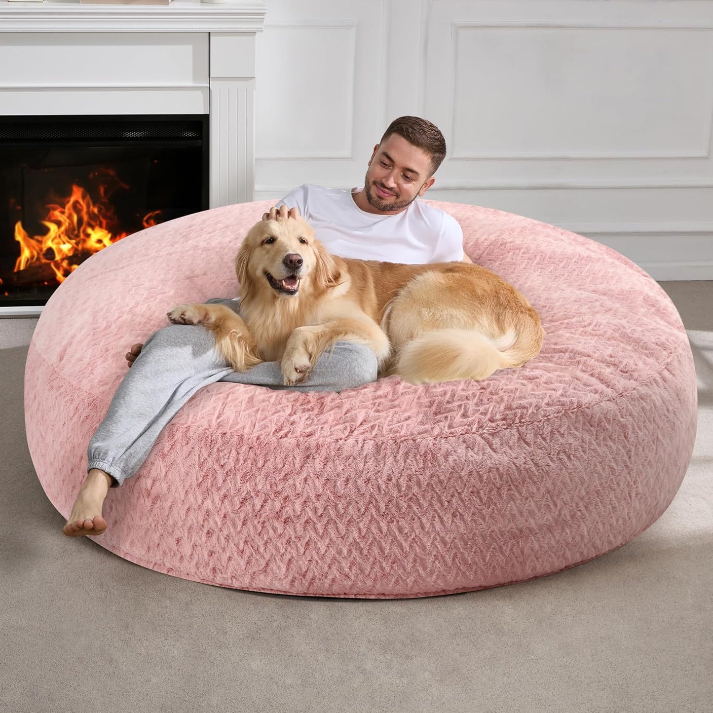 Hobestluk 6ft Bean Bag Chairs for Adults Large Beanbag Chair with Chevron Plush Fur Cover Big Bean Bag Chair for Living Room Bedroom Dorm Office - Pink (70" x 70" x 15")