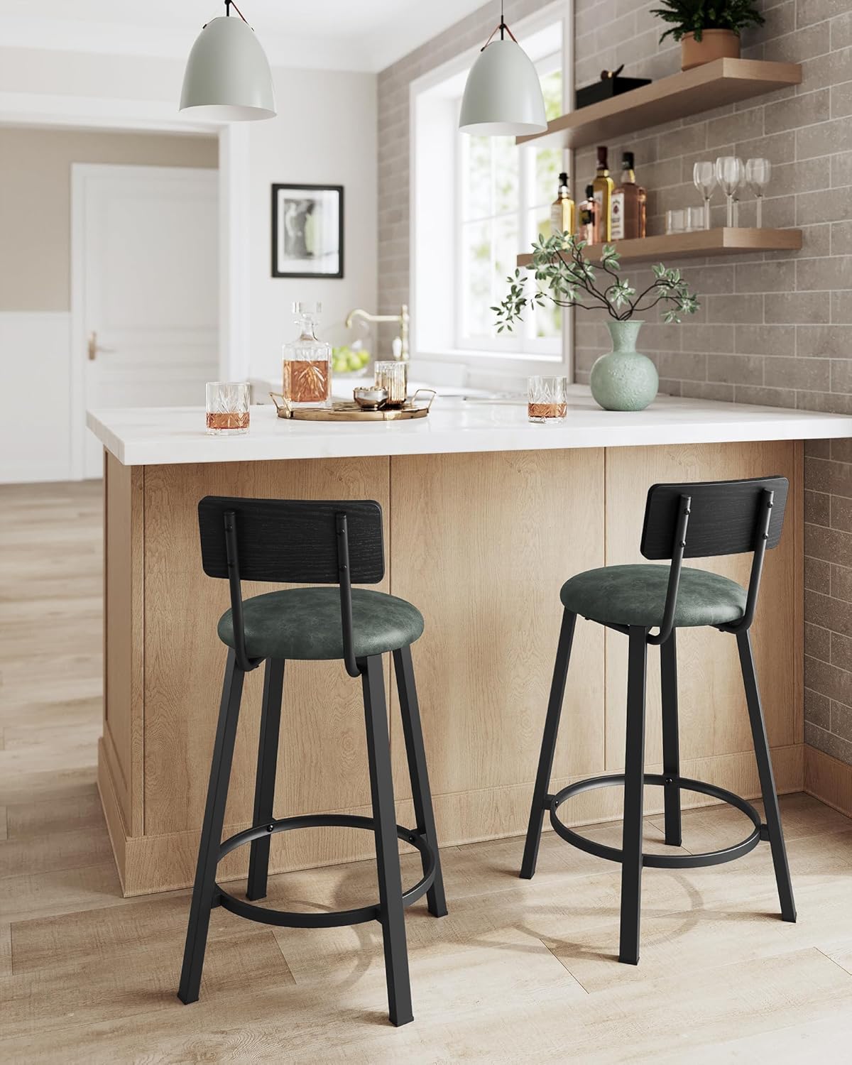 VASAGLE Bar Stools, Set of 2 PU Upholstered Breakfast Stools, 29.7-Inch Barstools with Back and Footrest, Simple Assembly, for Dining Room Kitchen Counter, Classic Black and Forest Green ULBC059C01