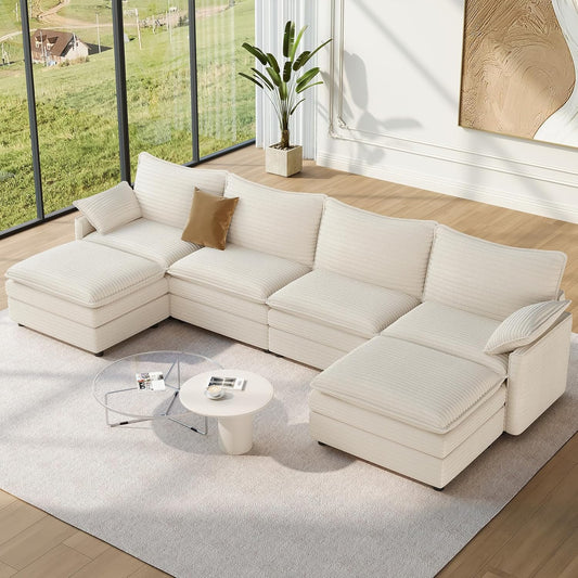 Vesgantti 142" U Shaped Sectional Couch, Comfy Cloud Modular Sectional Sofa with 2 Ottoman Deep Seat Corduroy Modern Cloud Sofa, Modular Sofas for Living Room, Bedroom and Apartment, Beige