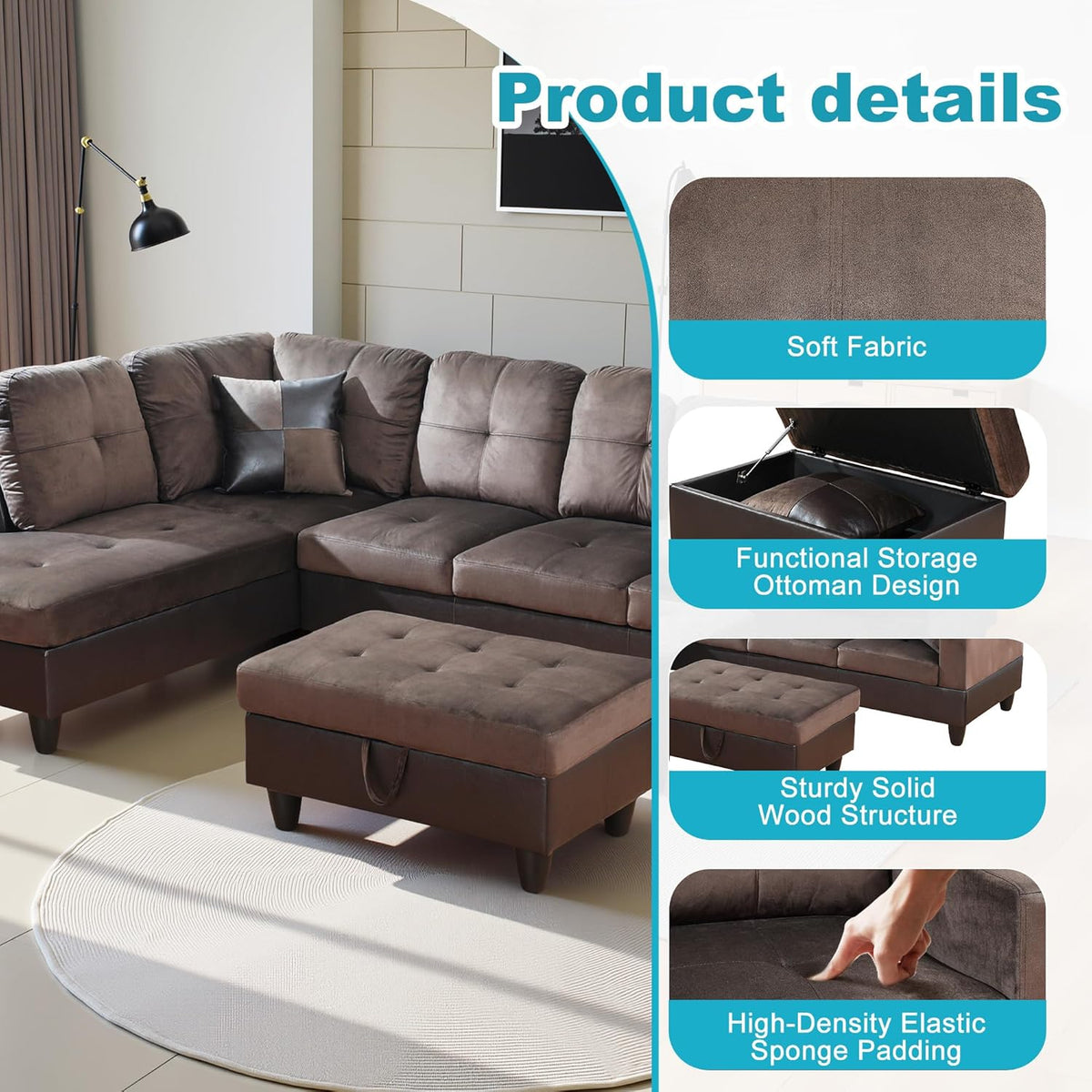 L Shaped Couch Upholstered Flannel Fabric 3 Pieces Sofas for Living Room with Chaise, Storage Ottoman for Office and Small Apartment, Dark Brown