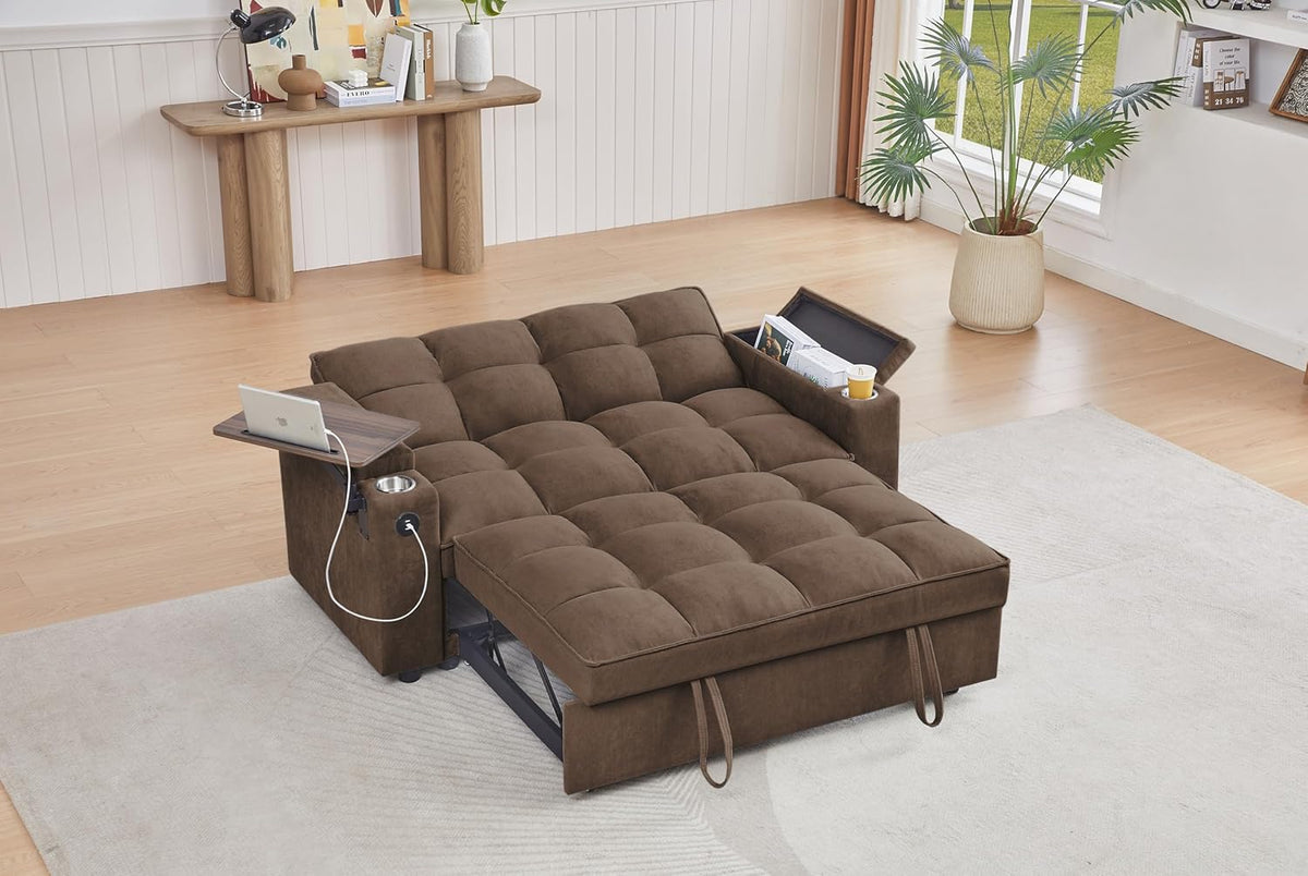 65-inch Multifunctional Loveseat Pull Out Sleeper Sofabed W/Cupholders, Oversized 3-in-1 Convertible Love Seat with Pull-Out Sleeper Couch Bed, Storage, USB Ports, Side Table for Living Room Bedroom