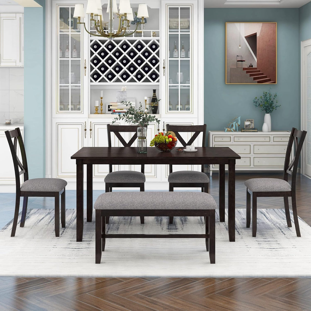 6 Pieces Dining Table Set with 60" Rectangle Kitchen Desk,Living Room Furniture W/ 4 "X-Shaped Curved Backres Fabric Chairs & 1 Bench,for Restaurant,Home Bistro,Espresso