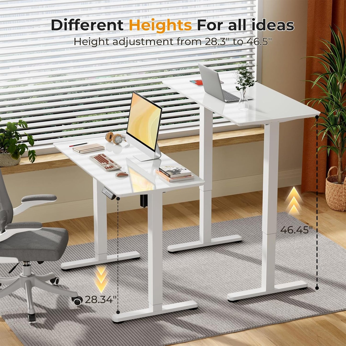 JOY worker Small Electric Standing Desk, 40" x 20" Whole Glass Piece Height Adjustable Desk with Memory Controller, White Sit to Stand Desk Workstation for Home Office