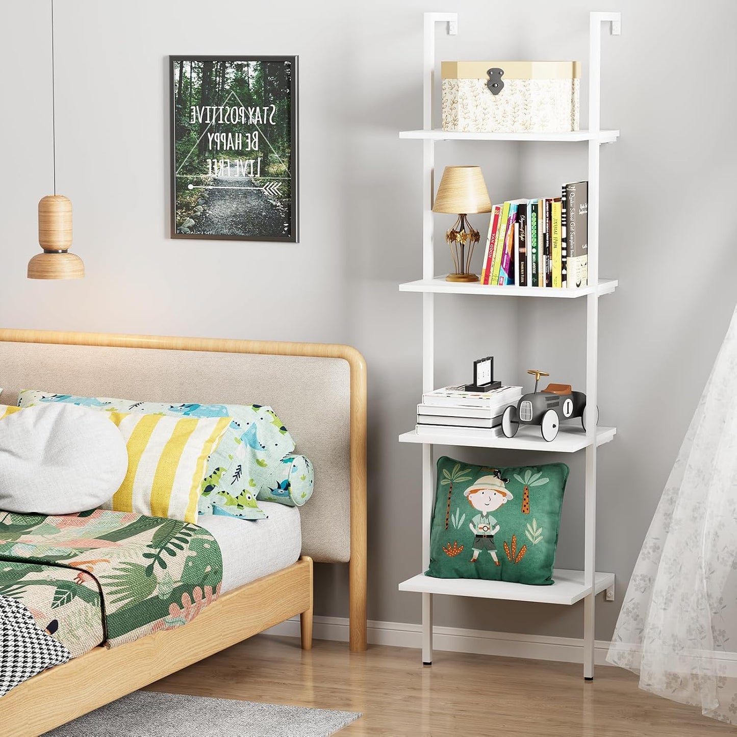 Ladder Shelf 4 Tiers Metal Industrial Bookshelf,White Wooden Tall Open Storage Rack and Display Shelves,Wall Mount Wide Bookcase for Home Office Bedroom,Small