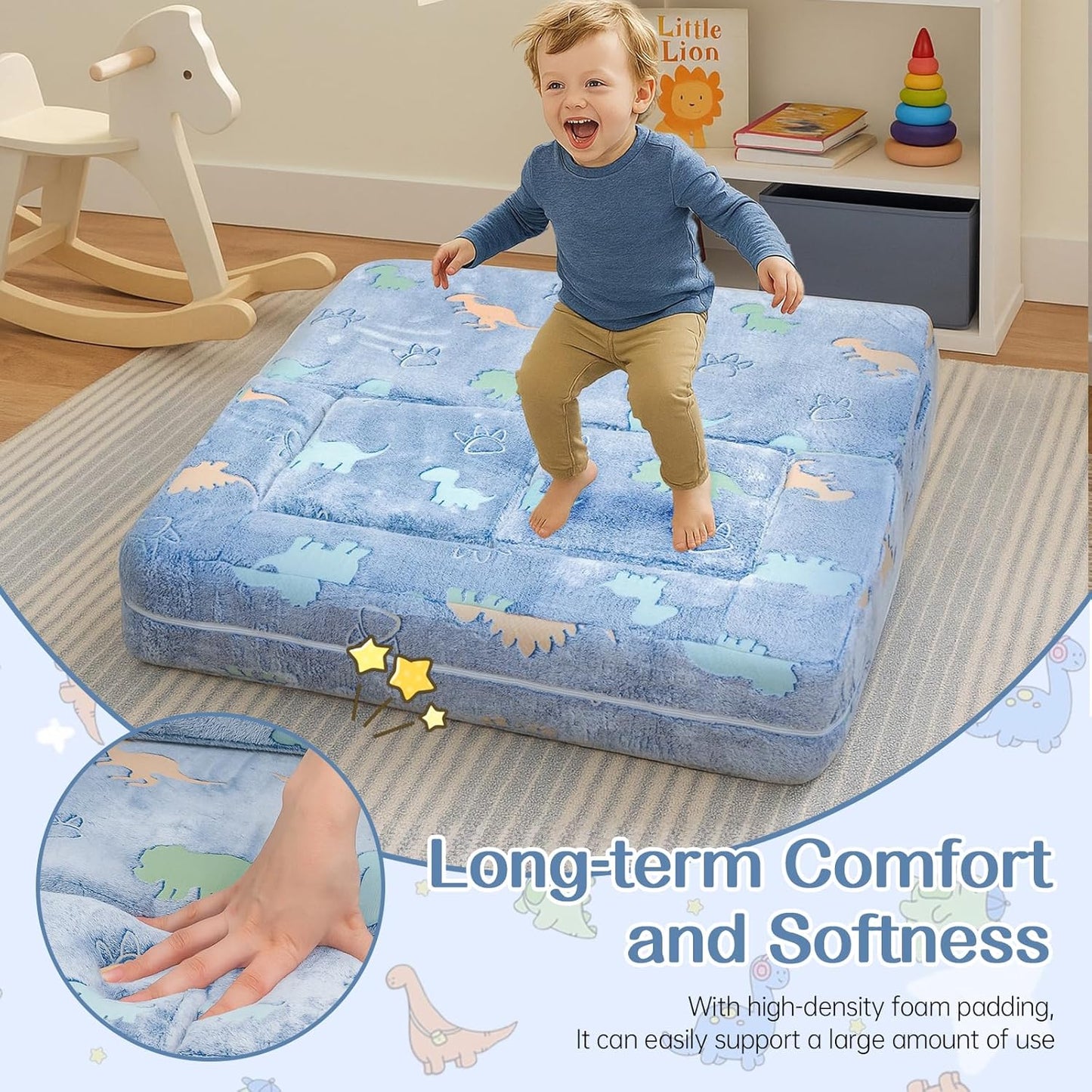 Lamerge Toddler Couch Glow in The Dark Toddler Fold Out Couch for playroom, Convertible Baby Fold Out Play Foam and Floor Cushion for Bedroom (Blue+Dinosaur)