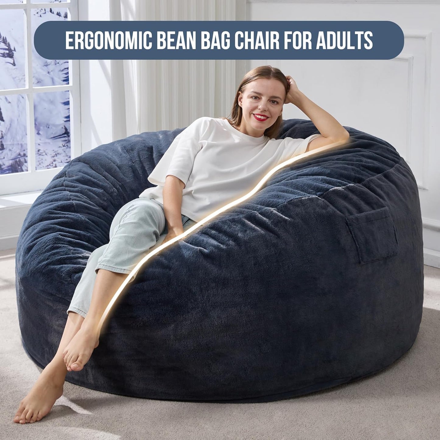 Hobestluk 5ft Bean Bag Chairs for Adults Large Beanbag Chair with Plush Faux Fur Cover Big Bean Bag Chair for Living Room Bedroom Dorm Office - Dark Grey (50” x 50” x 24”)