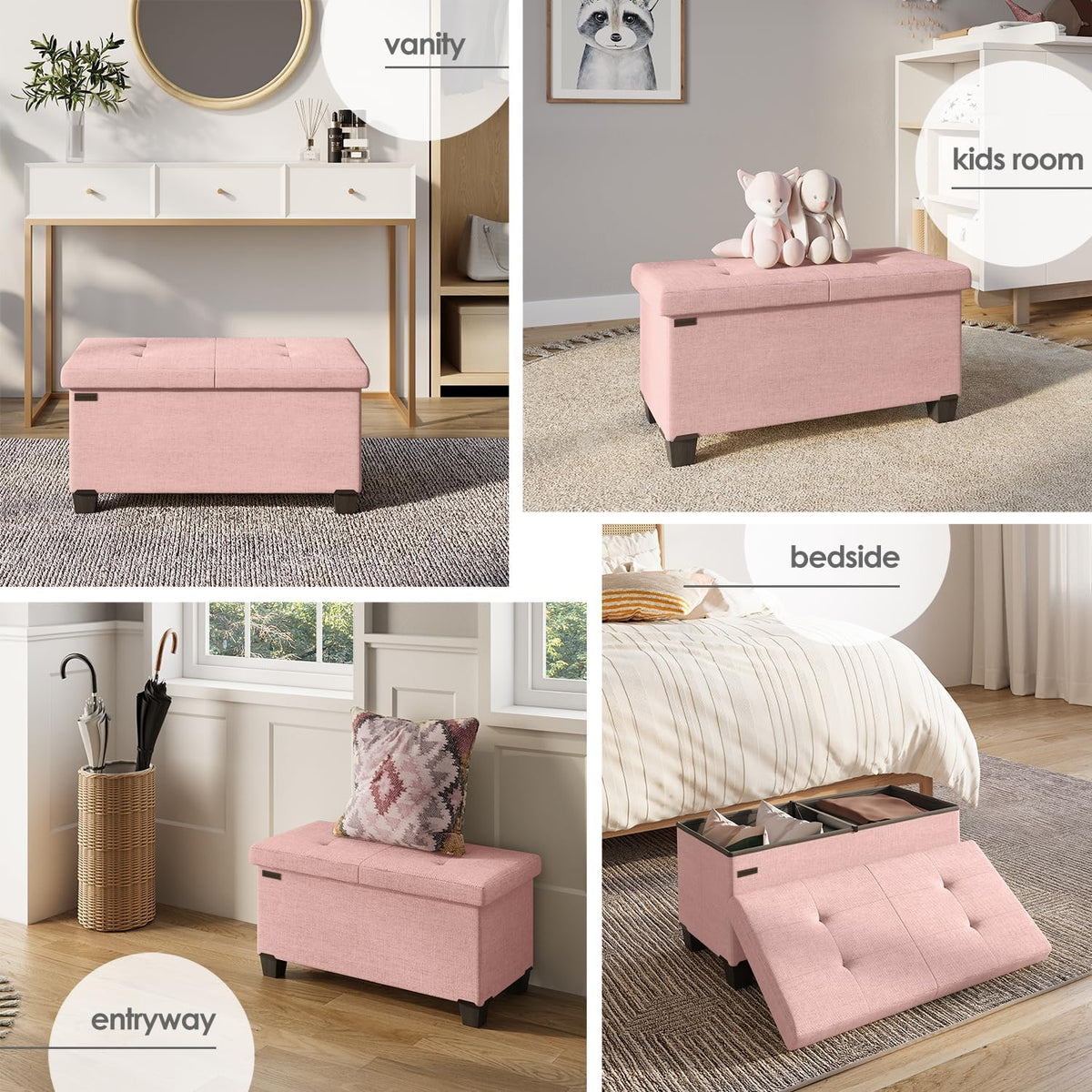STORAGEBUD Storage Ottoman Bench with Bins, 30-in Storage Bench for Bedroom End of Bed, Folding Foot Rest Ottoman for Living Room Max 660lbs, Fabric Ottomans, Pink