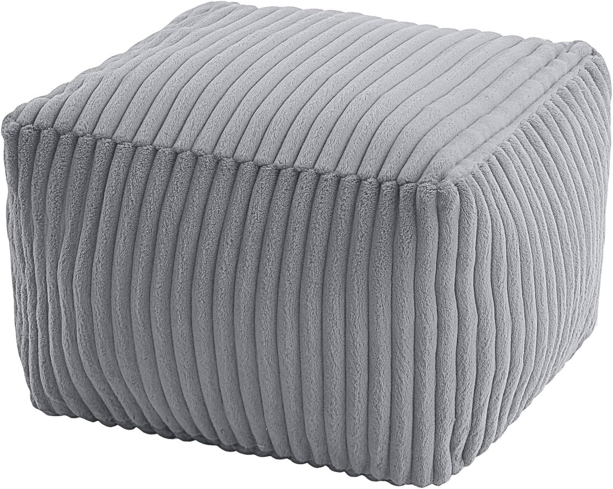 MeMoreCool Square Stuffed Pouf Ottoman Foot Rest, Stripe Furry Floor Pouf Foot Stool with Foam Chunk Filling, Soft Fluffy Stuffed Ottoman Footrest for Living Room, Faux Fur Grey
