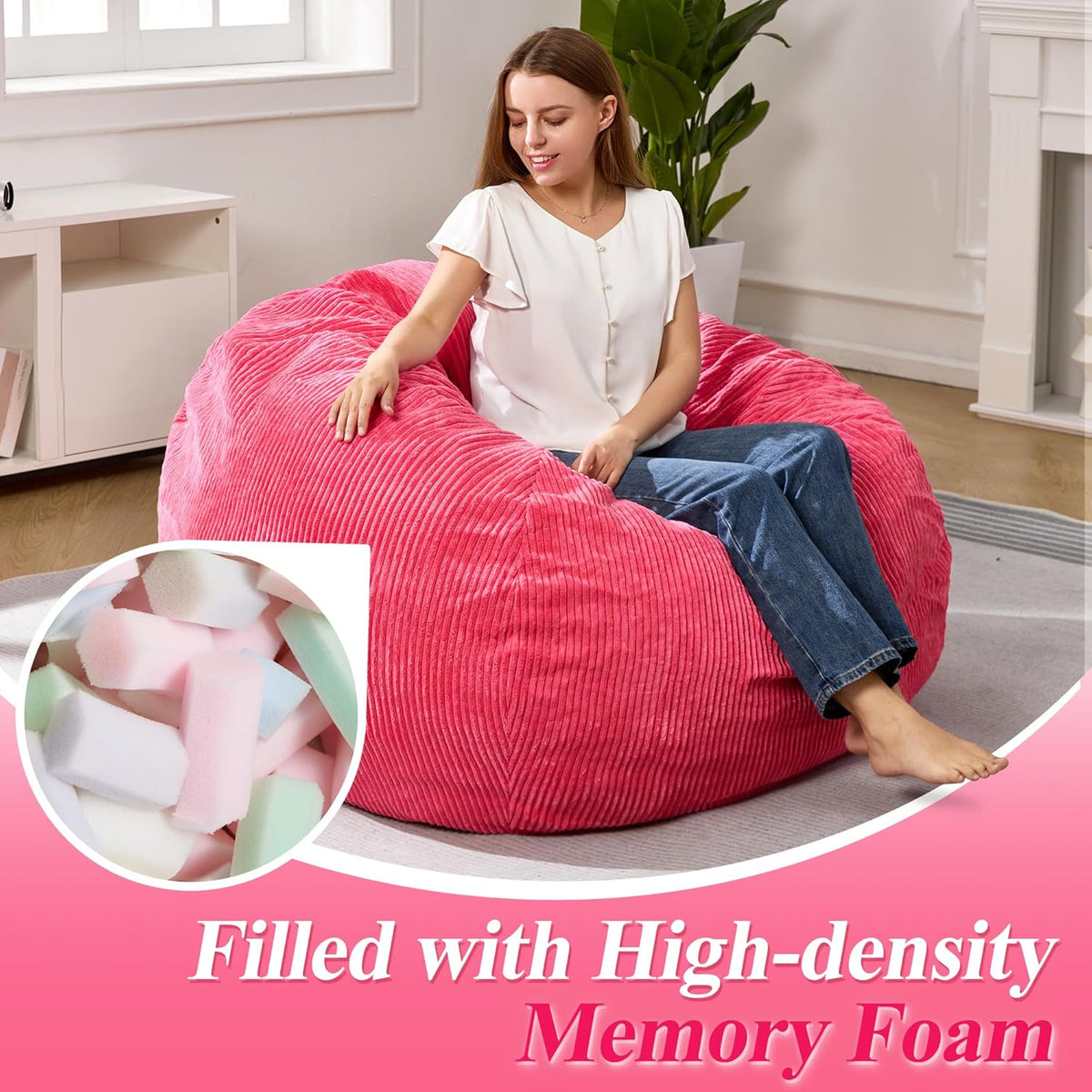 3.5FT Bean Bag Chairs Teardrop Bean Bag Chair for Adults Beanbag Chair with Memory Foam Filled Machine Washable Cover for Living Room, Bedroom (Large,Pink)