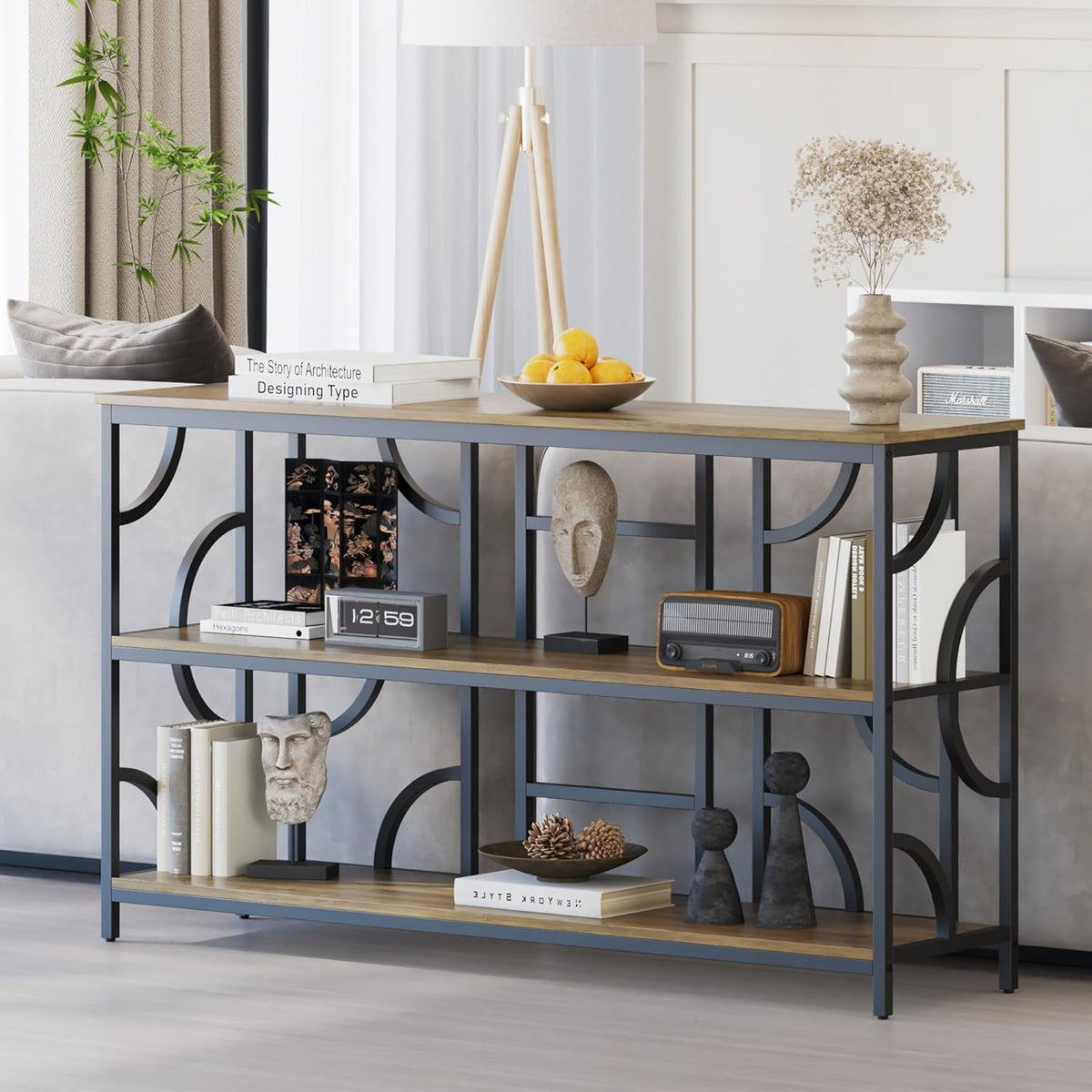 55'' Industrial Sofa Table, 3-Tier Storage Console Table with Unique Geometric Design, Behind Couch Accent Table for Entryway, Living Room, Foyer, Hallway, Office - Rustic Brown
