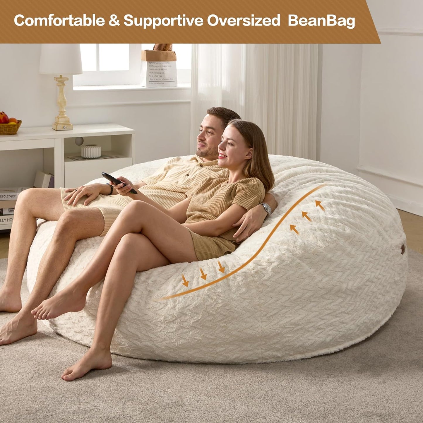 Hobestluk 6ft Bean Bag Chairs for Adults Large Beanbag Chair with Chevron Plush Fur Cover Big Bean Bag Chair for Living Room Bedroom Dorm Office - White (70" x 70" x 15")