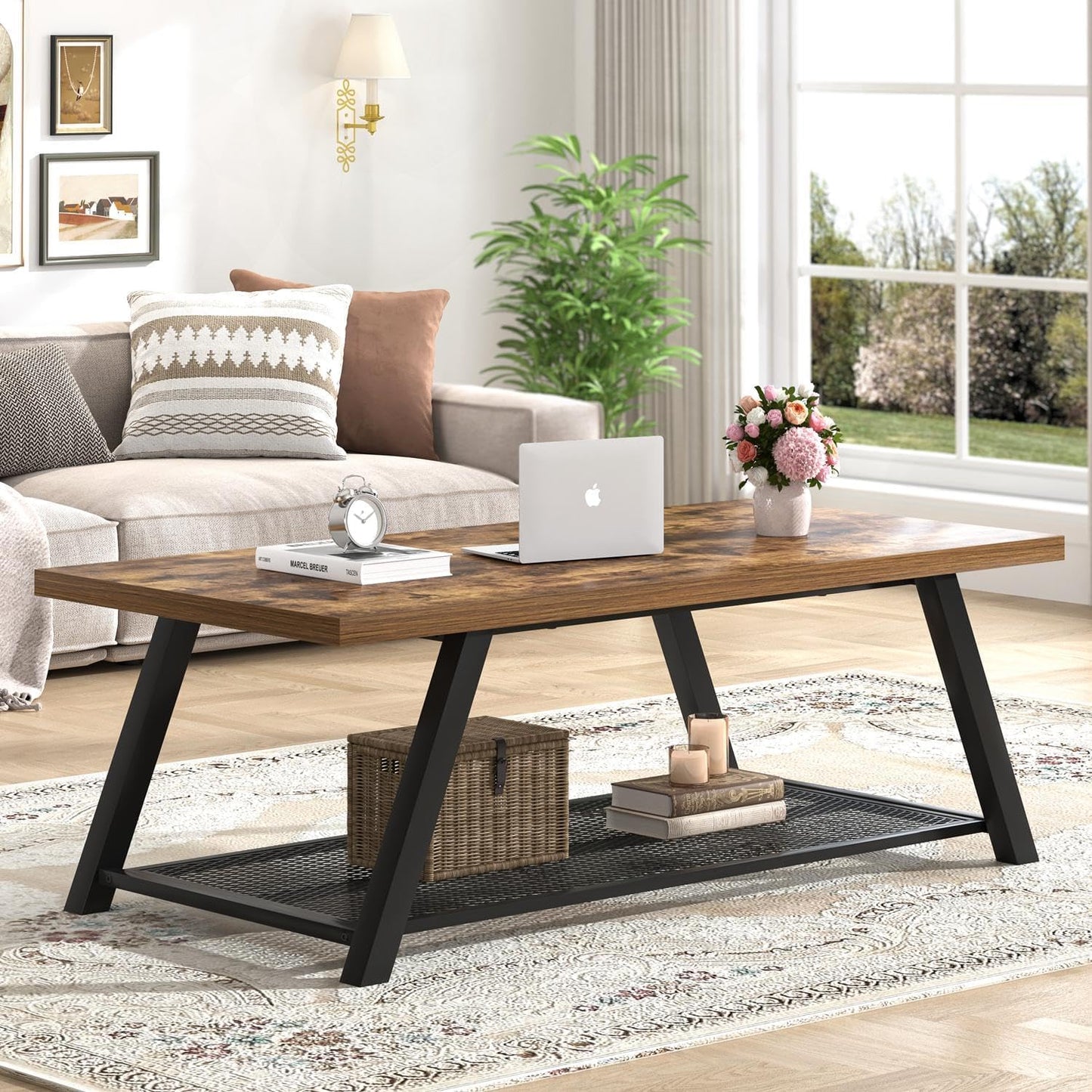FOLUBAN 47 Inch Coffee Table, Industrial Wood and Metal Living Room Table with Storage Shelf, Rectangle Center Table, Rustic Brown
