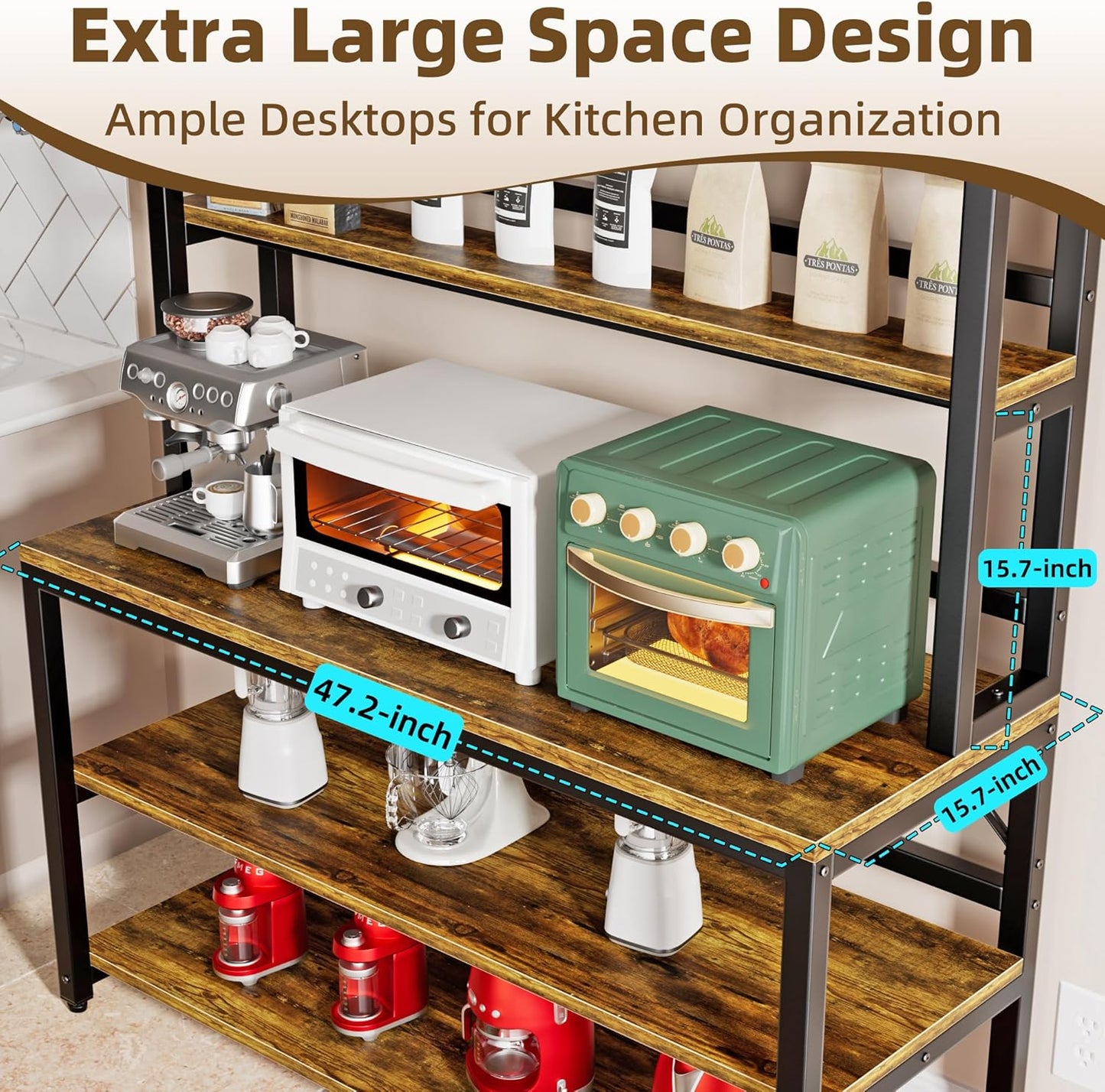 Aquzee Bakers Racks for Kitchens with Storage, 6 Tiers Large(47.2“W x 15.7”D x 70.8" H) Kitchen Stand with Hutch, Freestanding Organizer with Shelves,Rustic Brown