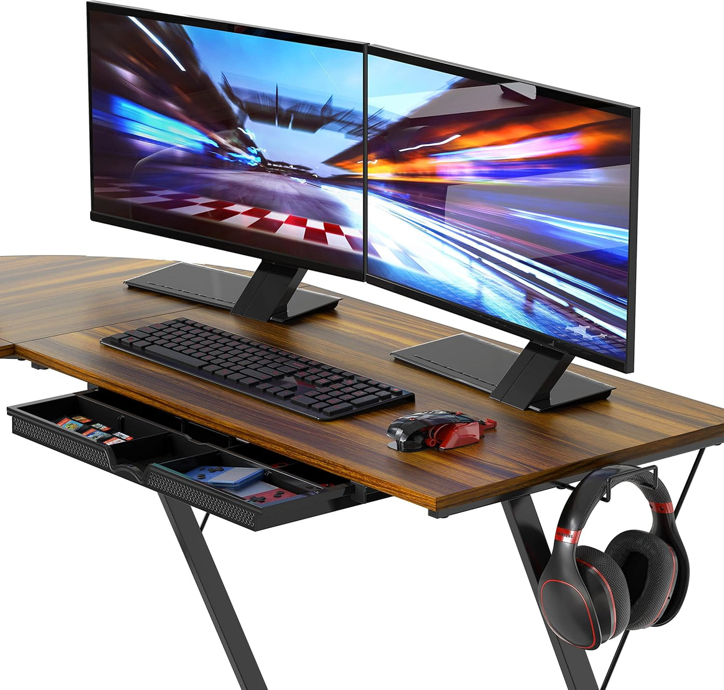 SHW 51 x 51 Inches Vista L-Shaped Desk with Monitor Stand and Drawer, Walnut
