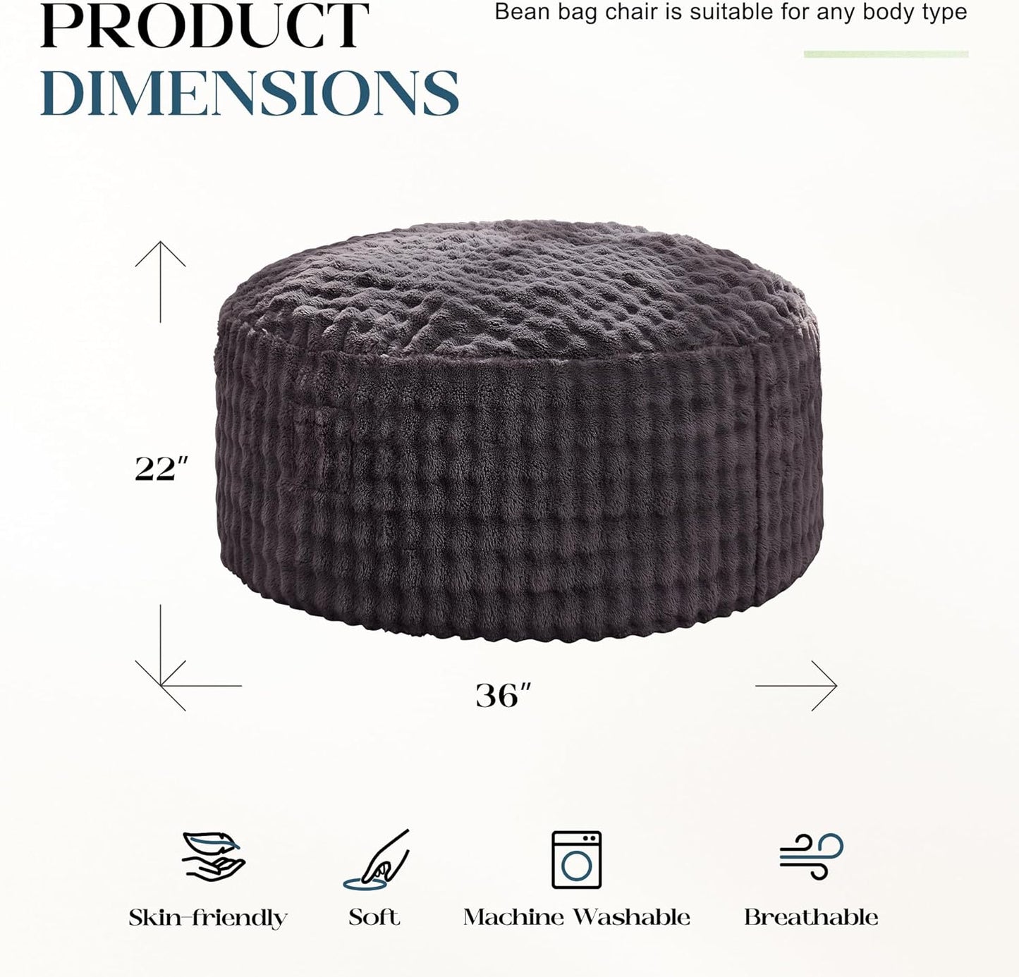 Hobestluk Bean Bag Chairs 3ft Beanbag Chair with Filler Adult Bean Bags with Fluffy & Machine Washable Cover, Giant Bean Bag Chairs for Adults (Dark Grey, 3FT-36" x 36" x 22")