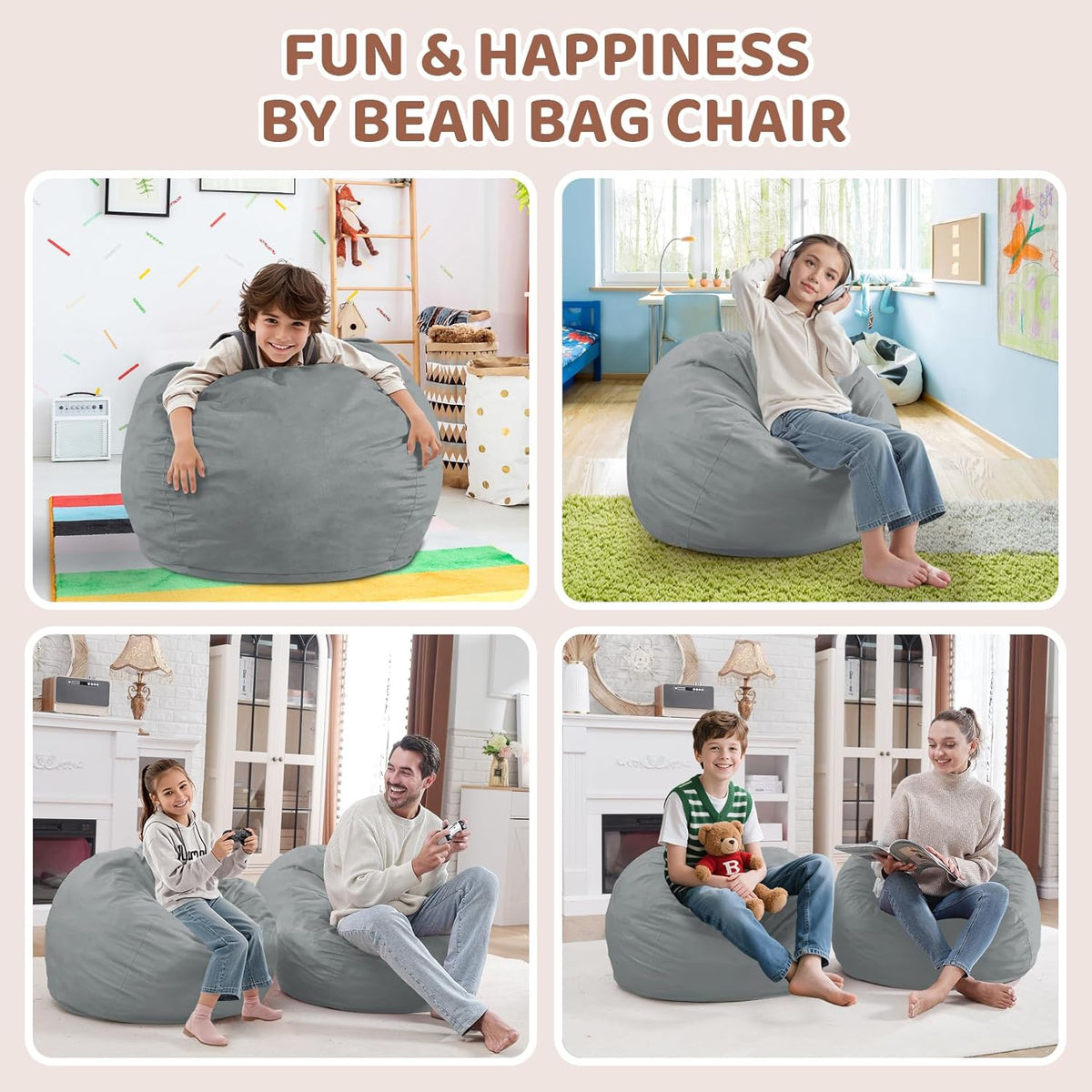 2FT Bean Bag Chair, Comfy Bean Bag Chairs with Memory Foam Filled, Fluffy Beanbag Sofa with Dutch Velvet Cover, Teardrop BeanBag Chairs for Living Room, Playroom - Light Grey