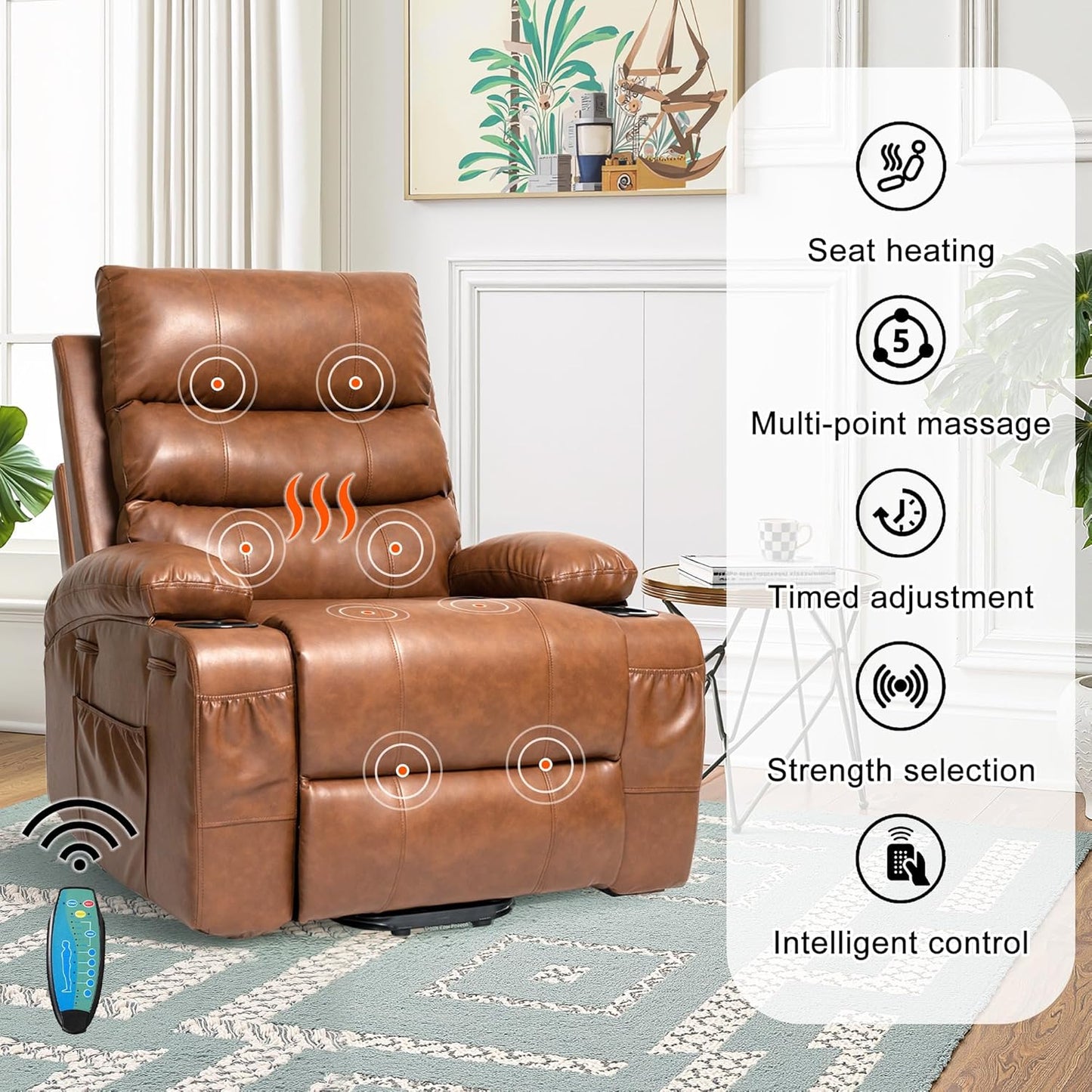 Recliner Chair Power Lift Massage Chair Full Body 21" Large Size Electric Recliner with 8 Point Vibration Massage and Lumber Heat, Remote Control, Side Pockets and Cup Holders, Brown