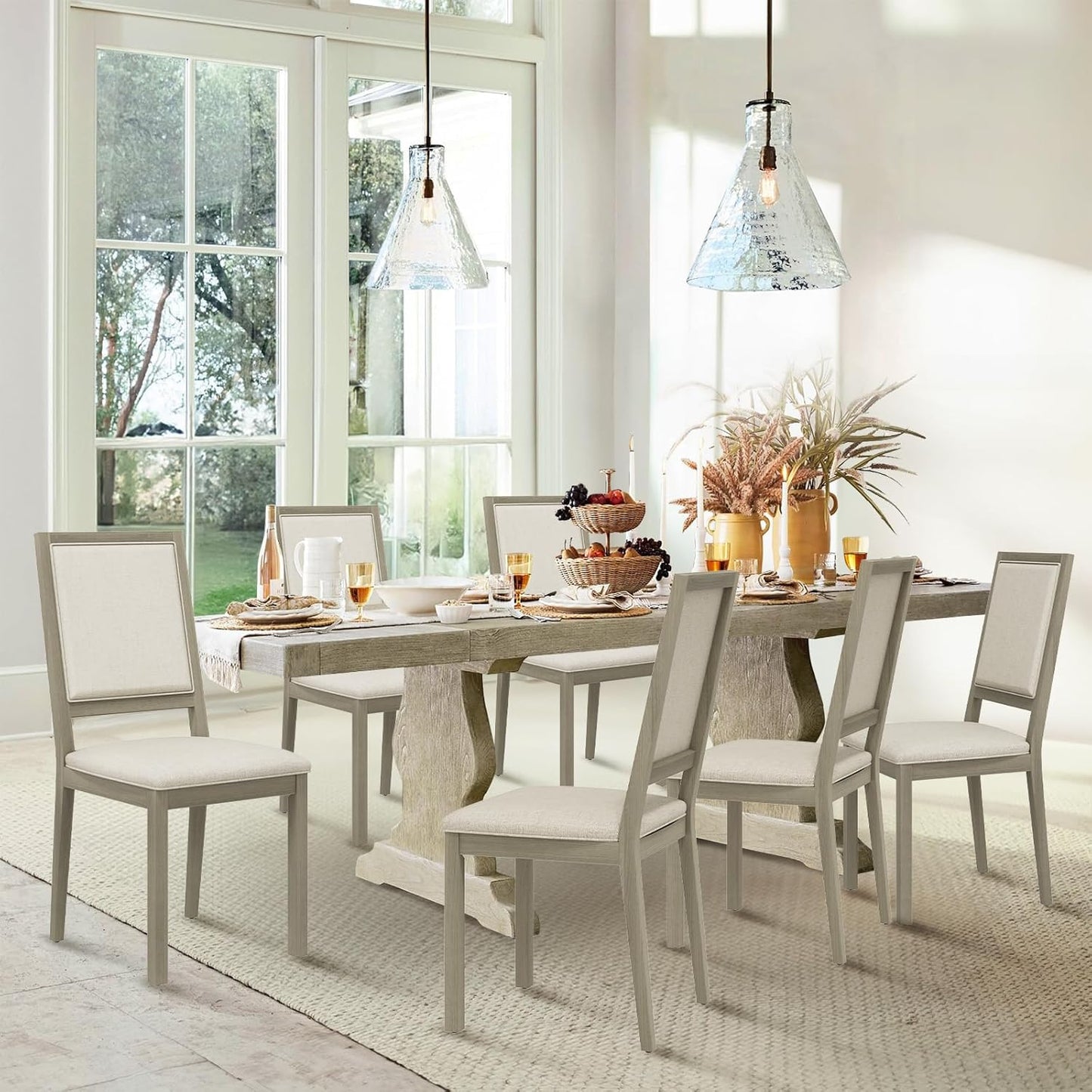 COLAMY Wood Dining Chairs Set of 6, Mid Century Modern Upholstered Kitchen Chairs,19 Inch Fabric Dining Chair with Back for Kitchen Dining Room,Grey