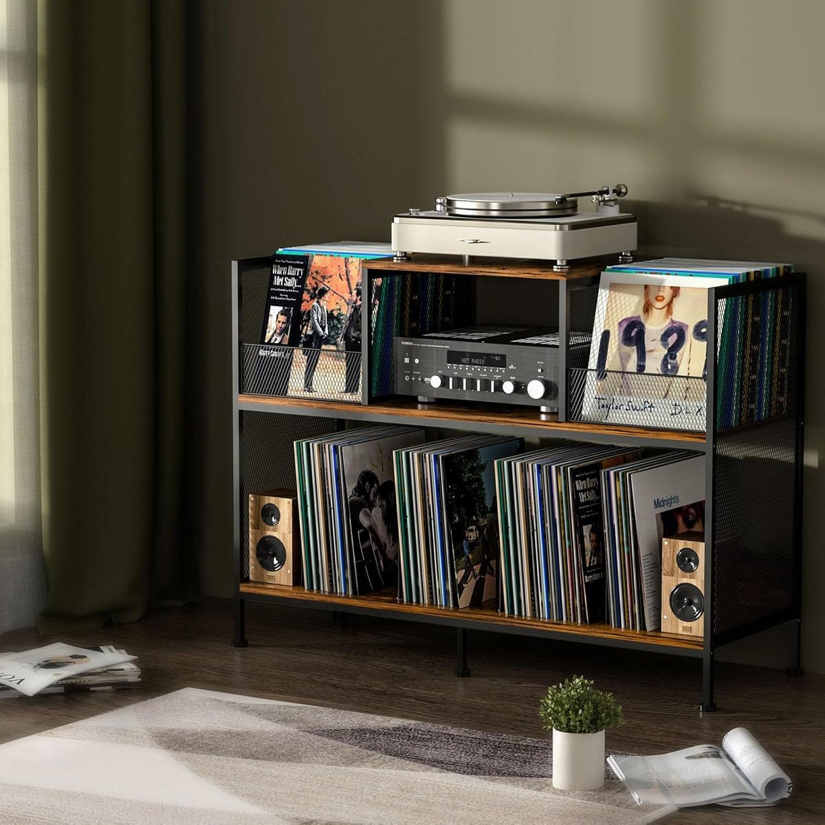 Large Vintage Record Player Table with 4 Adjustable Dividers, Vinyl Record Storage Cabinet for Up to 350 Albums, Medieval Turntable Stand for Living Room, Bedroom (Patent Pending)