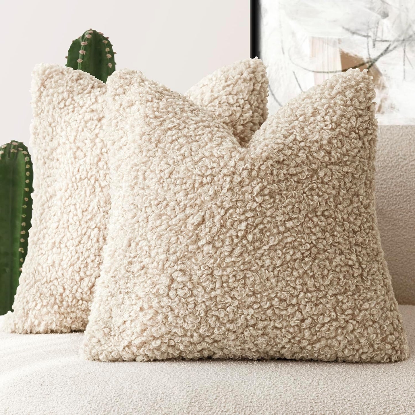 Foindtower 2 Pieces 24x24 Inch Light Khaki, 100% Polyester Throw Pillow Cover Accent Sherpa Pillow Fuzzy Soft Pillowcases Sheepskin Decorative Fleece Cushion Case for Bed Couch Living Room