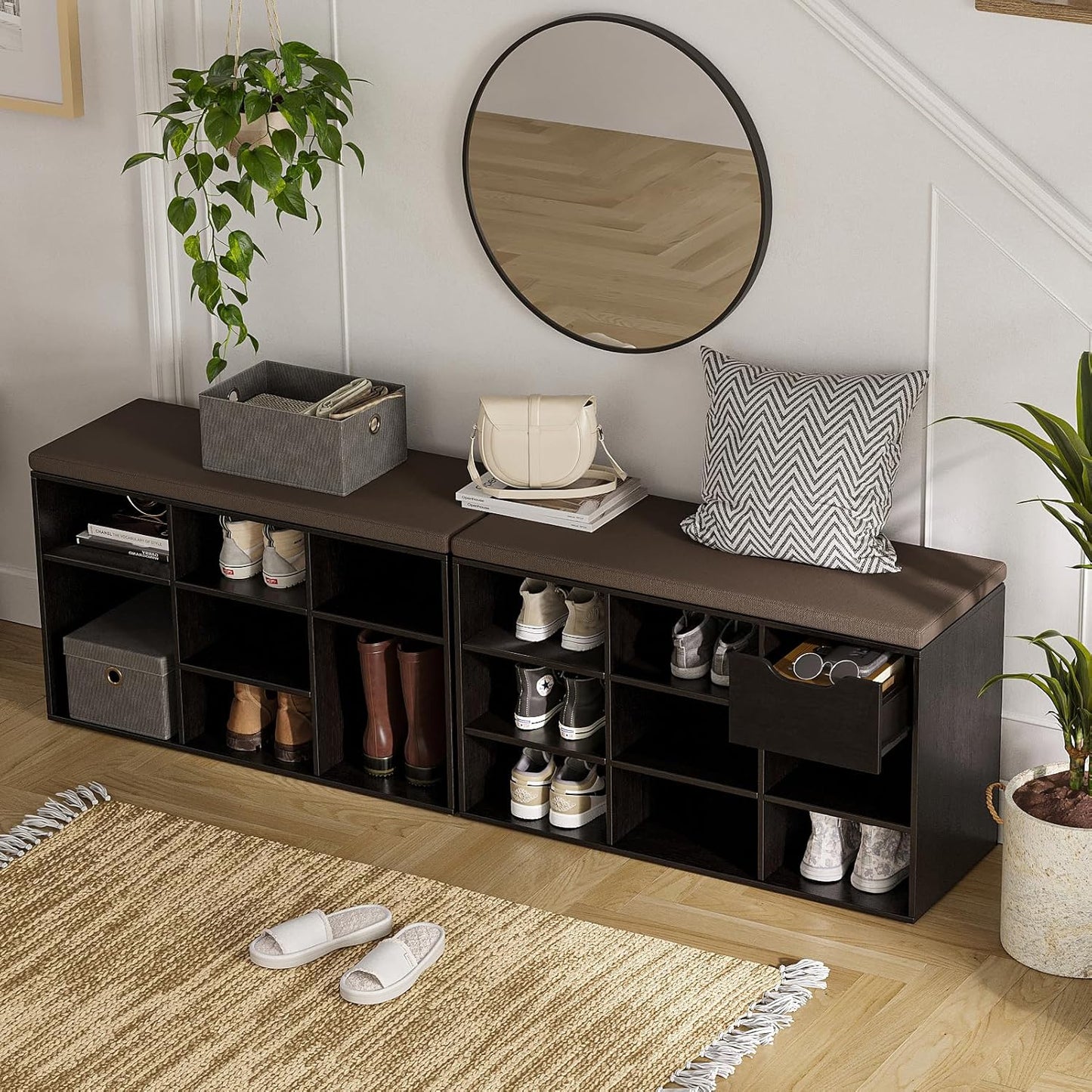 DINZI LVJ Shoe Bench,Entryway Storage Bench with Drawer and 8 Cubbies,Cubby Rack Adjustable Shelves,Shoe Organizer Cabinet for Living Room,Bedroom,Mudroom,Closet Garage,Espresso
