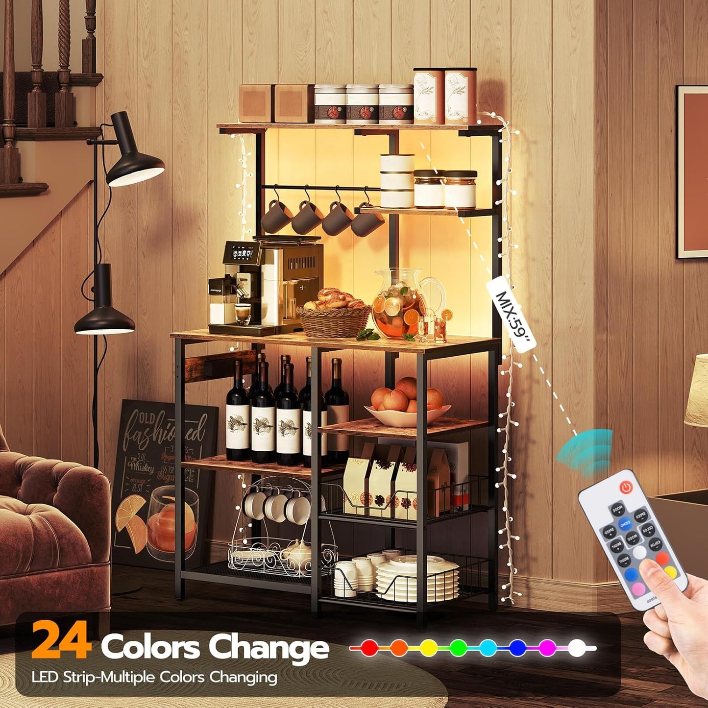 HOOBRO Bakers Rack with Power Outlet and LED Light, 6-Tier Microwave Stand with Wire Baskets, Coffee Bar Station, Kitchen Utility Storage Shelf with 4 Hooks, Rustic Brown and Black BF64UDHB01