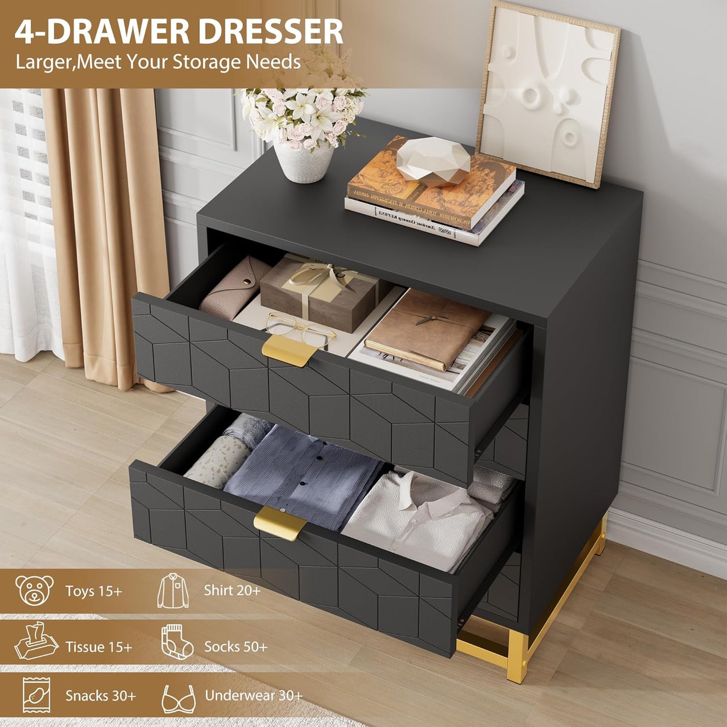 GAOMON Black Dresser, 4 Drawer Dresser for Bedroom, Wood Chest of Drawers, Modern Dressers with Gold Metal Handles for Living Room, Hallway, Entryway