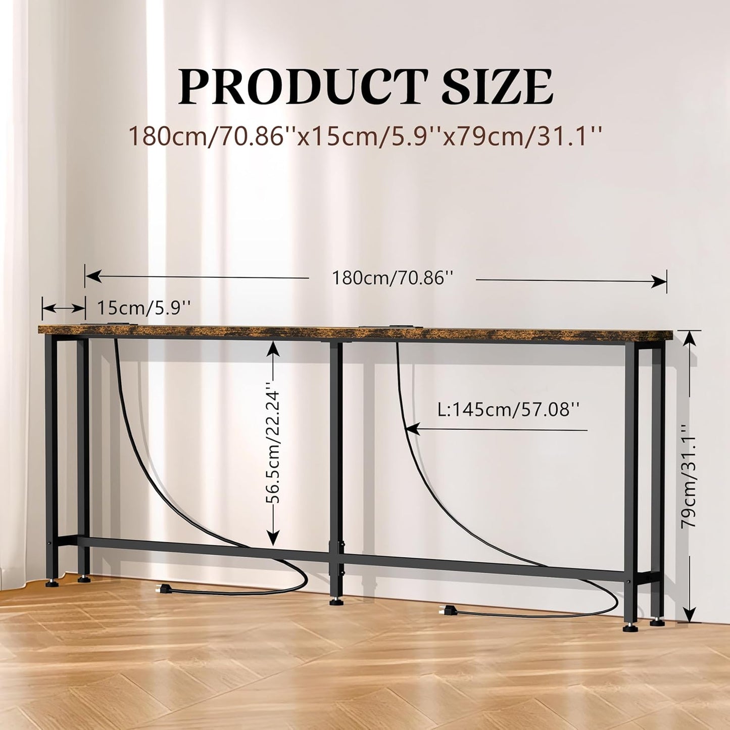 GRLEAF 70" Sofa Table with Built-in Power Strip (4 AC Outlets & 4 USB Ports) – 4.9ft Power Cord, Metal Frame, Easy Assembly, Long Couch Table Behind Sofa, Living Room and Home Office | Rustic Brown