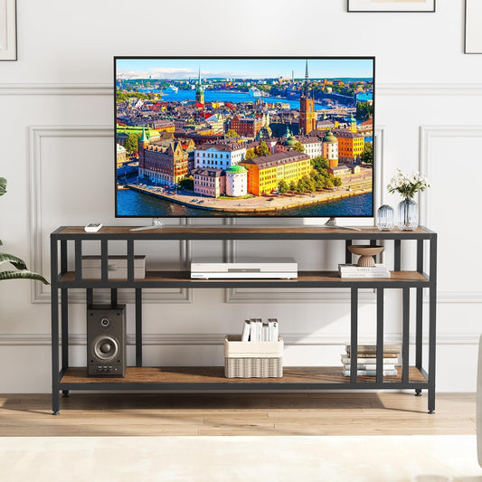 Garvee 58" TV Stand for Television up to 65 Inch, Entertainment Center with 3-Tier Open Shelves, TV Media Console Table Quadruple-Tube Support for Living Room, Entryway, Rustic Brown