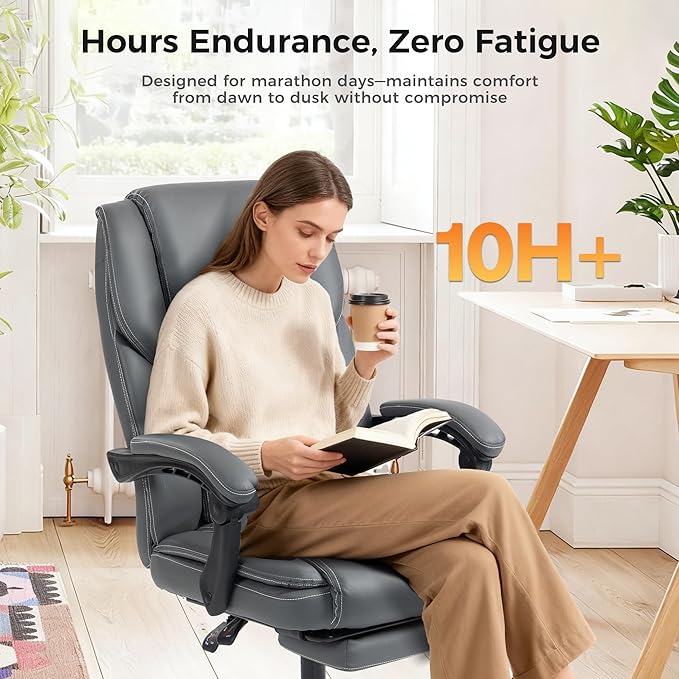 Office Chair with Footrest, Executive Breathable Leather Office Desk Chair with Lumbar Support - Ergonomic Comfy Wide Reclining Swivel Rolling Gaming Computer Chair with Adjustable 90-135° High Back