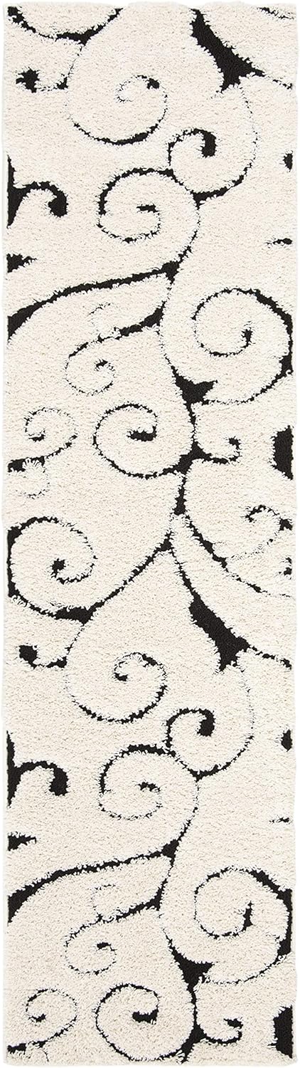 SAFAVIEH Florida Shag Collection Runner Rug - 2'3" x 8', Ivory & Black, Scroll Design, Non-Shedding & Easy Care, 1.2-inch Thick Ideal for High Traffic Areas in Living Room, Bedroom (SG455-1290)