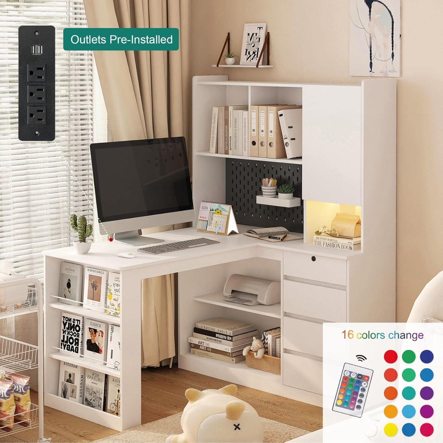 KEIKI L Shaped Home Office Desks with LED Light, Pegboard, Hutch, Drawers, Bookshelf & Storage Shelves, Modern Wooden Gaming Computer Corner Table for Work, Study, Writing