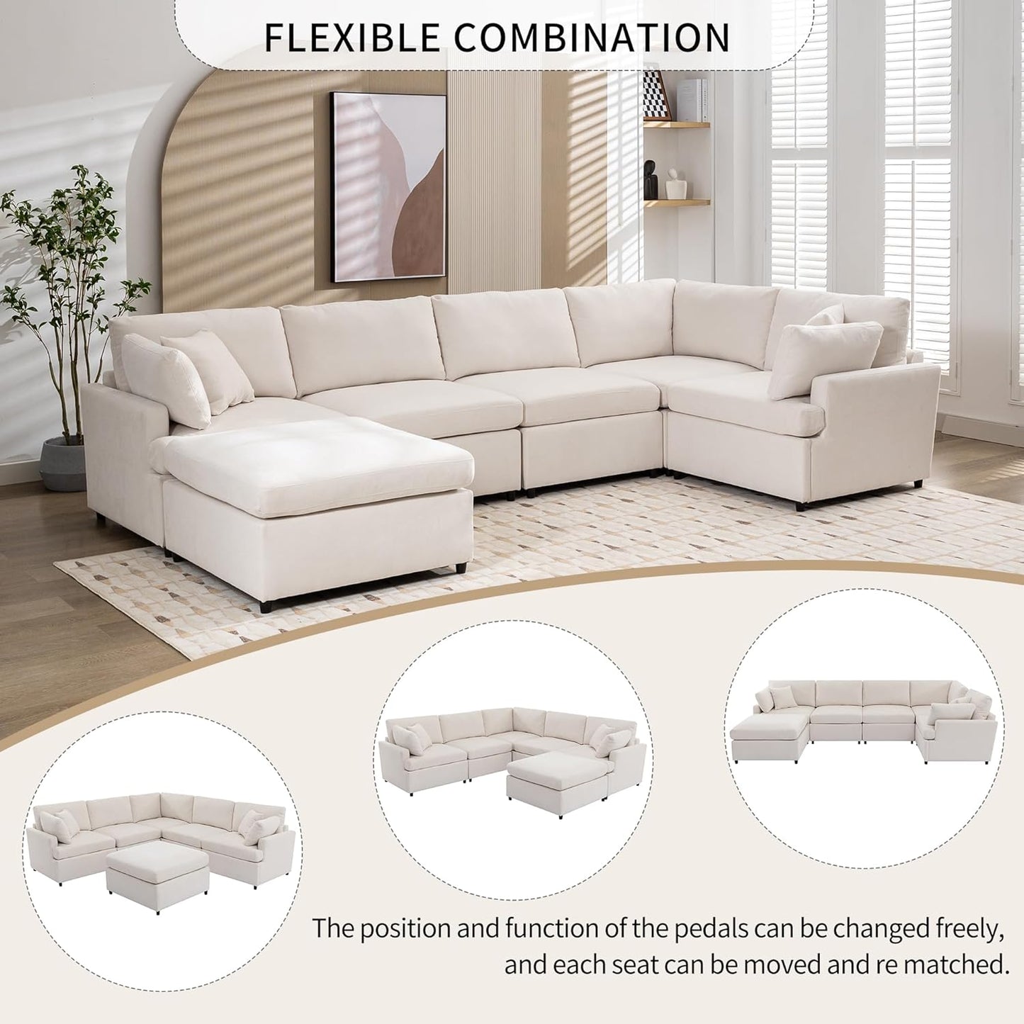 100 Inch U-Shaped Modular Convertible Sectional Sofa with Removable Ottoman and Pillows, Oversized 6 Seater Upholstered Corner Couch for Living Room, Office, Spacious Space, Beige