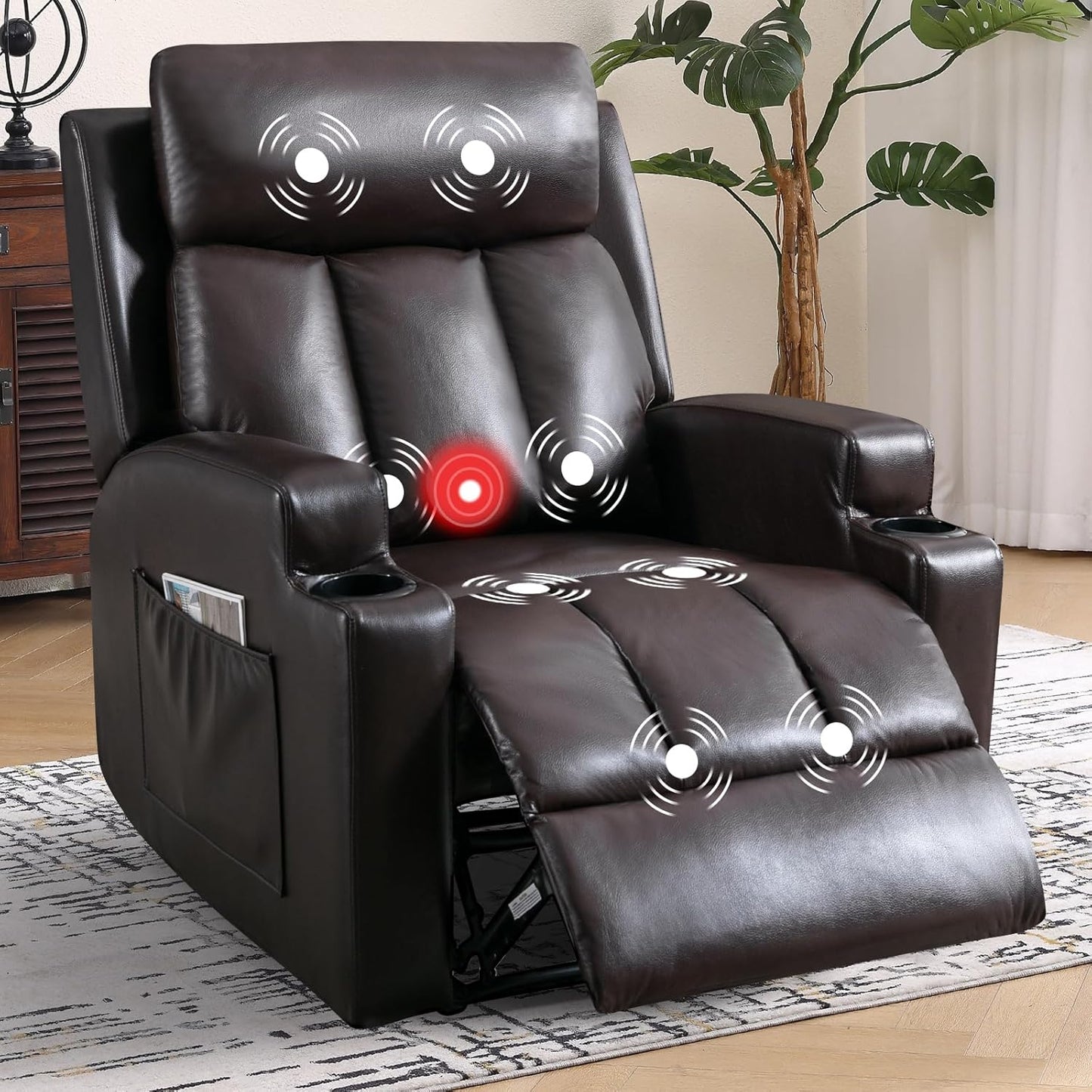 Phoenix Home Manual Recliner Chair Set of 2 with Massage and Heat, Ergonomic Overstuffed Faux Leather Recliner Single Sofa with 2 Cup Holders, Living Room Lounge Recliners on Clearance, Brown
